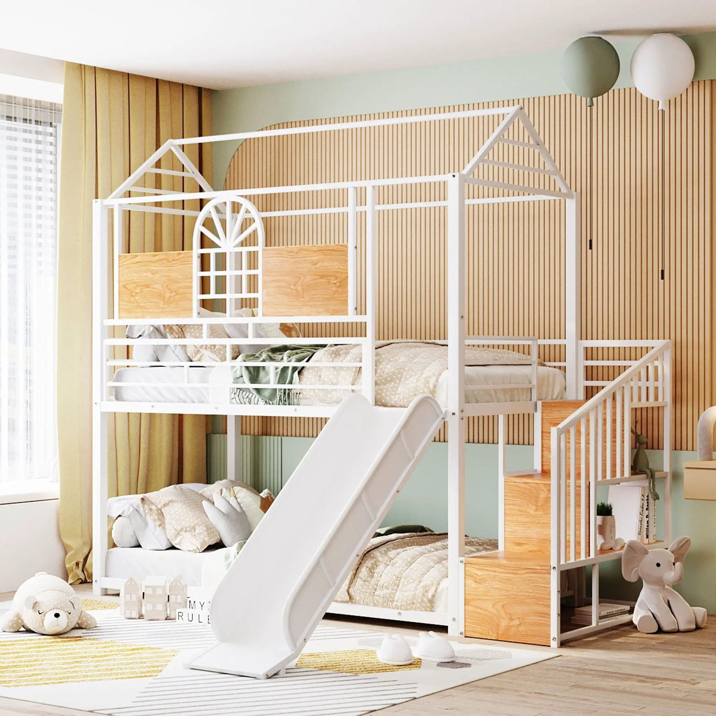 Metal Bunk Bed, Metal Housebed With Slide And Storage Stair by HouseOfZazla