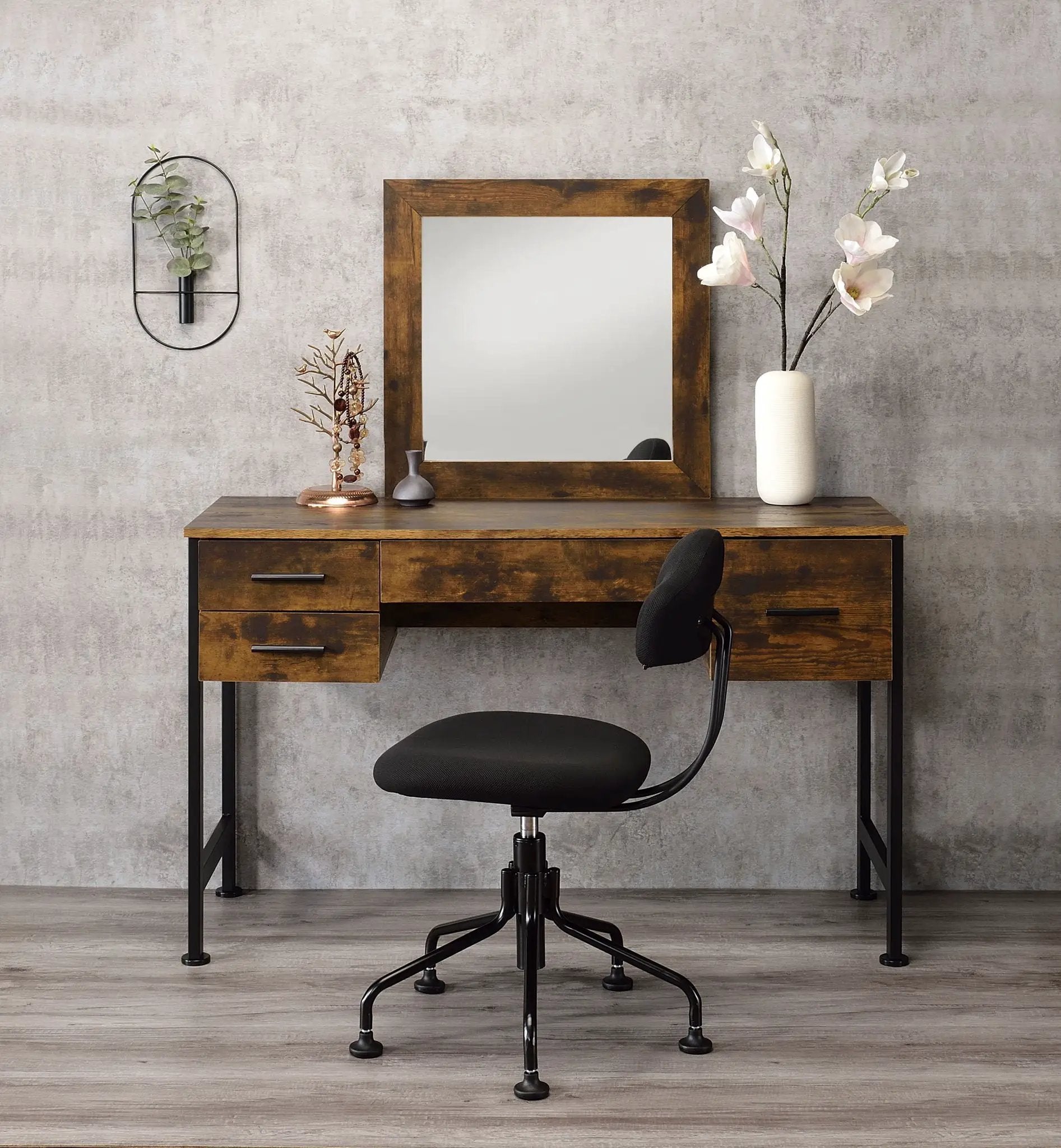Juvanth - Vanity Desk & Mirror - Rustic Oak & Black by Unique Piece Furniture