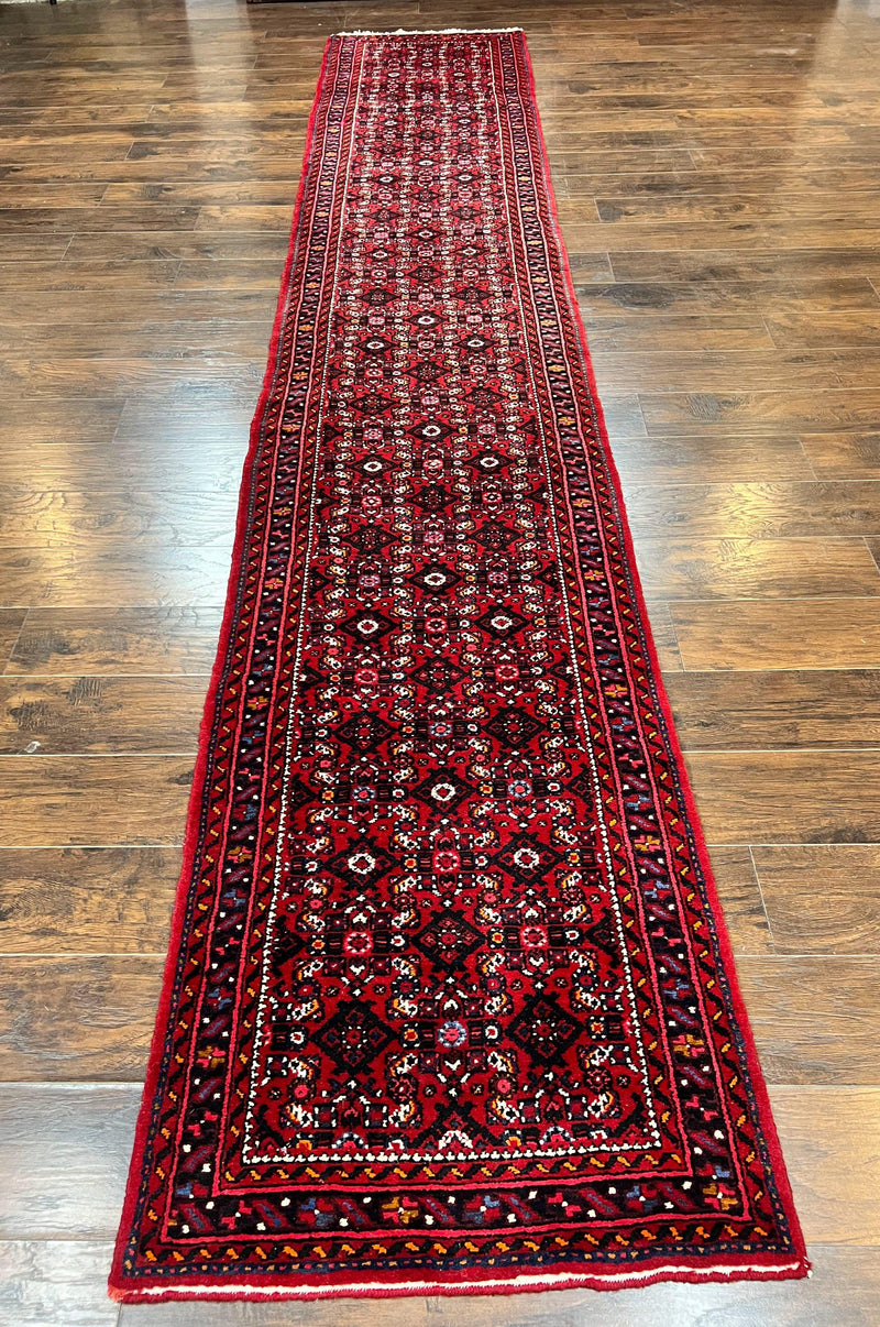 Persian Runner Rug 3 x 16, Wool Handmade Long Antique Hamadan Oriental Rug for Hallway, Red Tribal Rug, Allover Pattern, 3x16 Runner Rug by Jewel Rugs