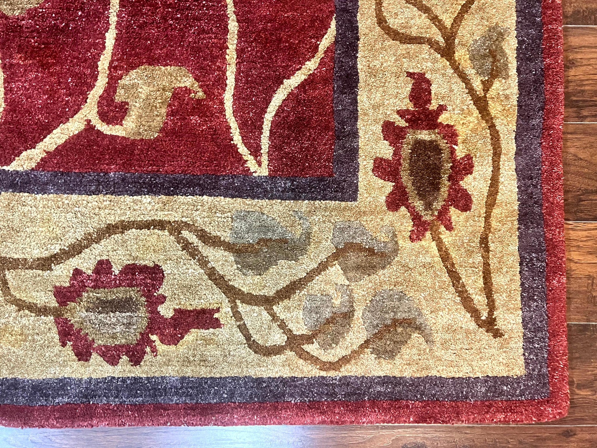 Tibetan Aubusson Rug 8x10, Maroon and Beige, Floral, Handmade, Wool, Vintage, Traditional Rug by Jewel Rugs