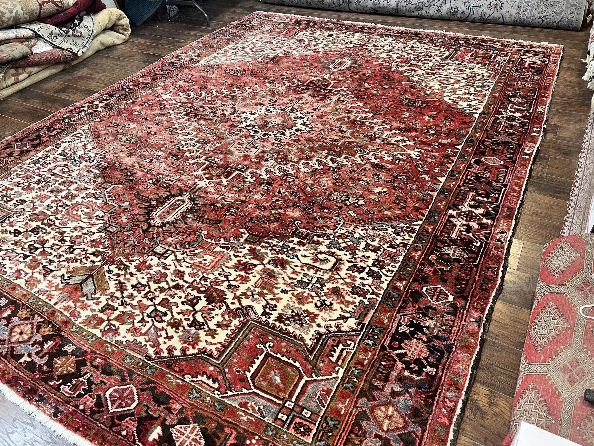 Large Persian Heriz Rug 10x13, Red and Cream Geometric Tribal Room Sized Handmade Wool Hand Knotted Semi Antique Decorative Oriental Carpet by Jewel Rugs