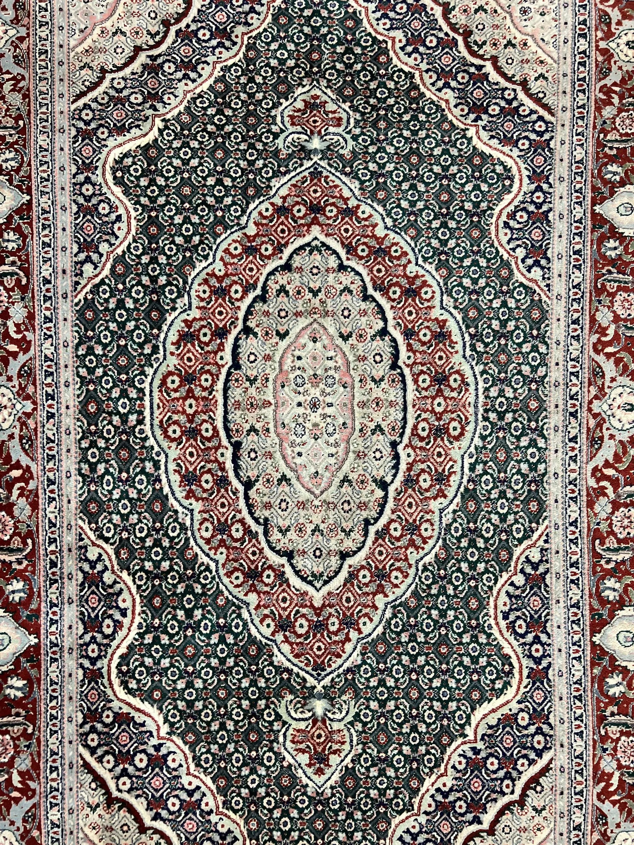 Sino Persian Rug 4x6, Wool with Silk Highlights, Fine Hand Knotted Carpet, Green & Maroon Red, Herati Medallion, Vintage Rug by Jewel Rugs