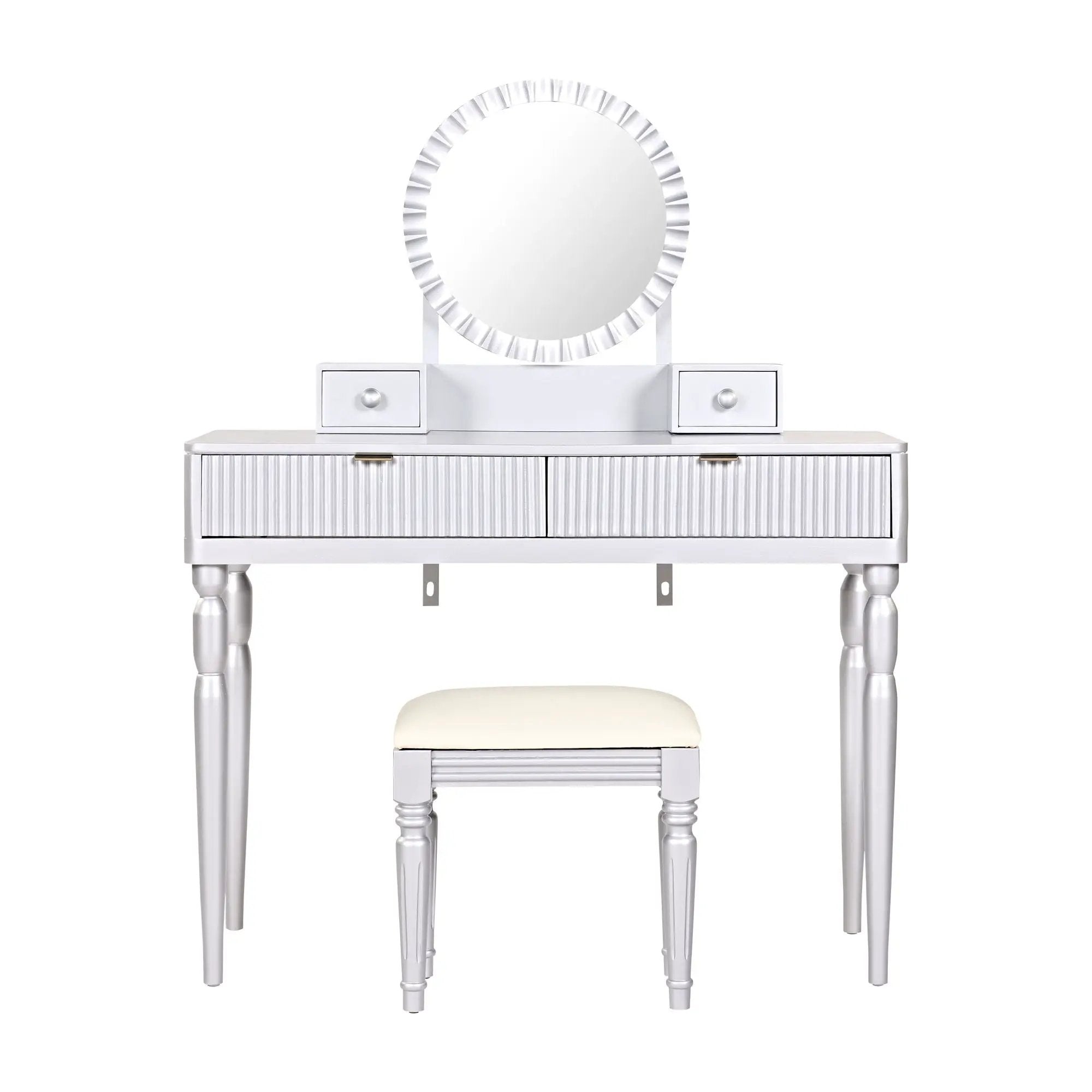Luxury Vanity Desk With Round Mirror Height Adjustable Dressing Table Set Engineered Wood - Silver by Unique Piece Furniture