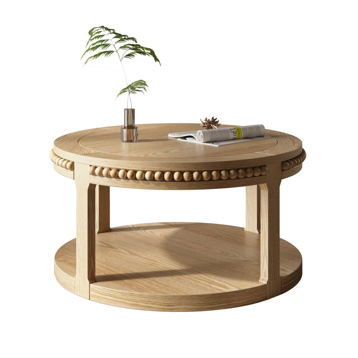 31.5 Inch Round Solid Wood Coffee Table & Sofa Table - Two-Tier Thickened Top, Sturdy Legs, Circle Table for Living Room (Natural Wood), photo 10 of 10