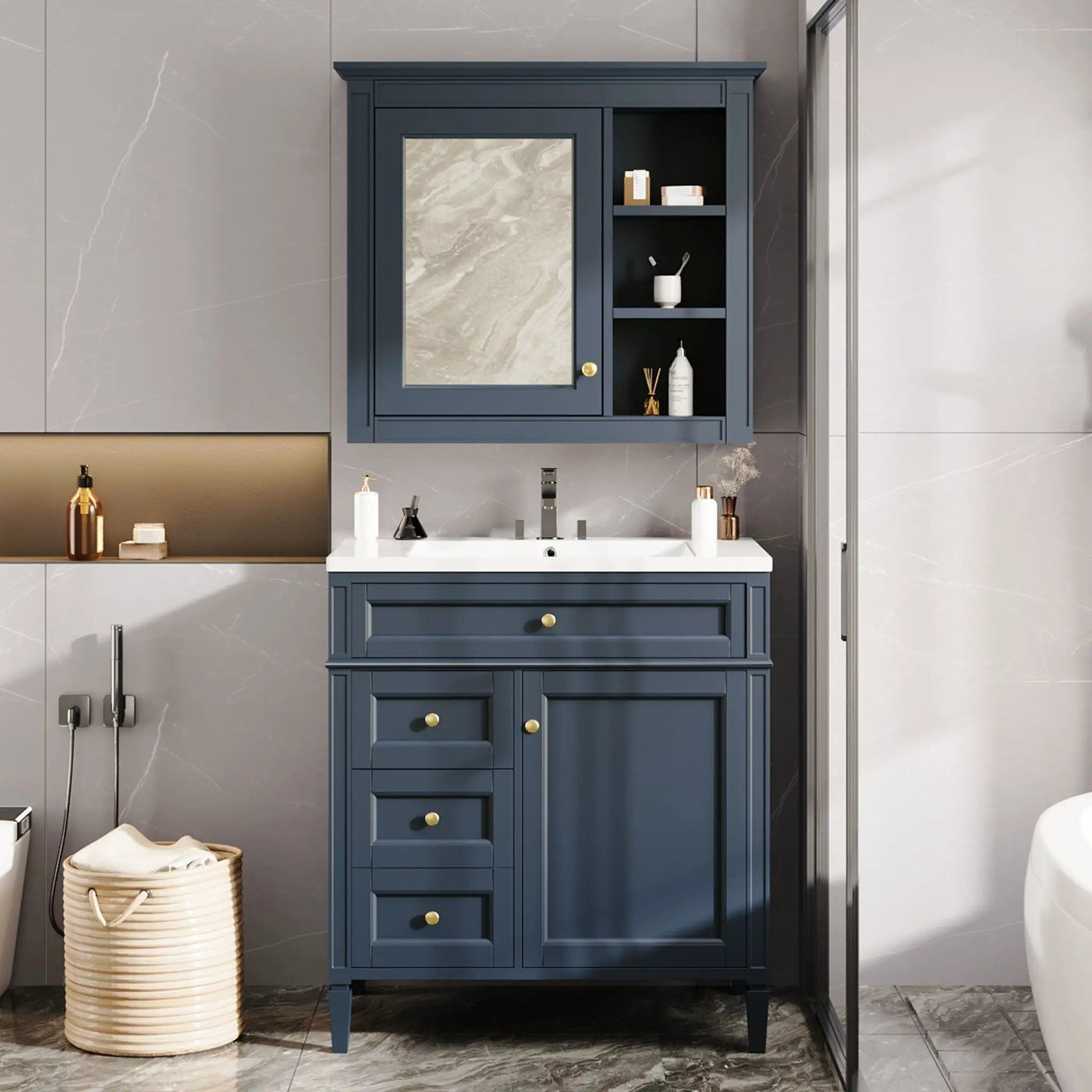 Bathroom Vanity With Medicine Cabinet, Royal Mirror Cabinet, Modern Bathroom Storage Cabinet With 2 Soft Closing Doors And 4 Drawers by Unique Piece Furniture