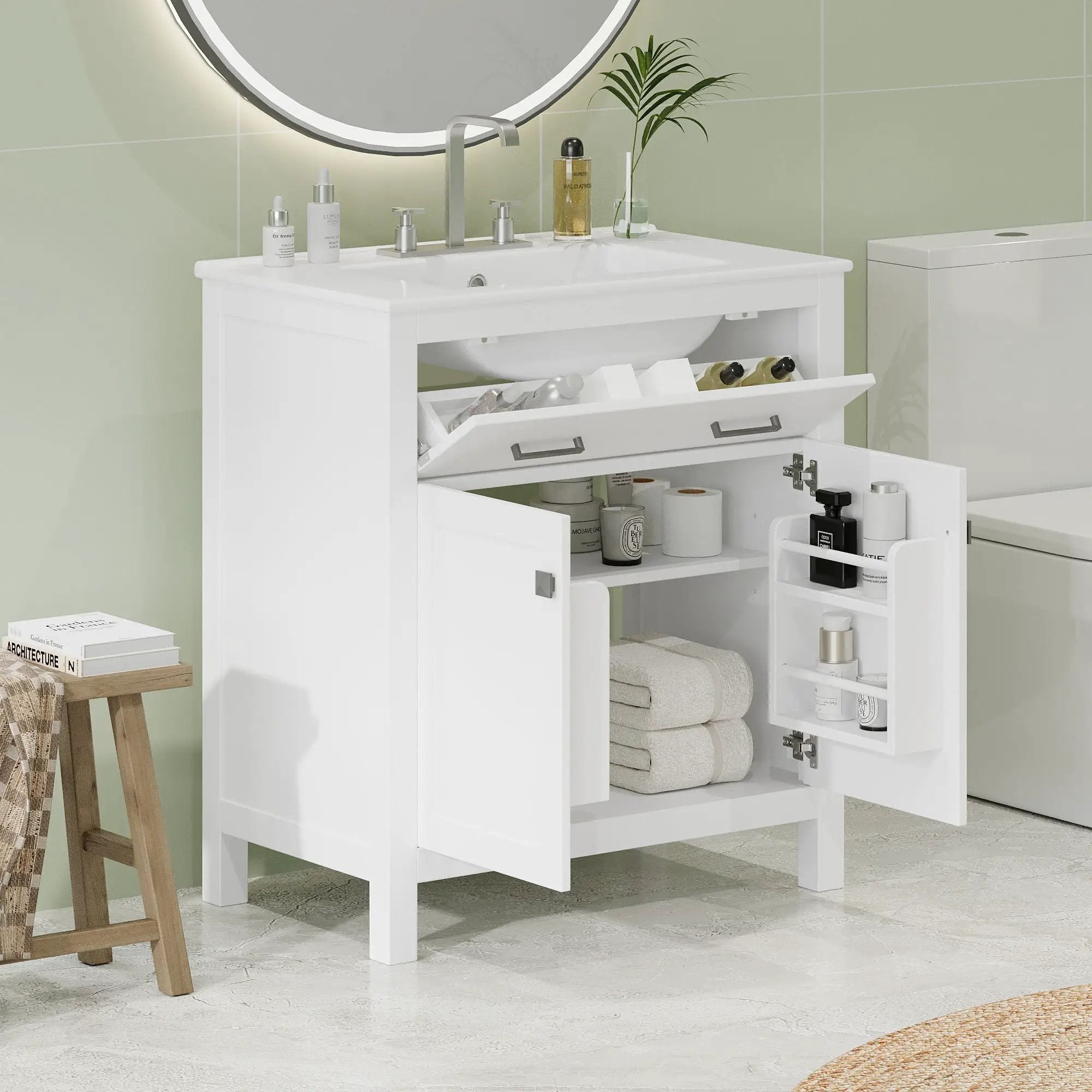 Bathroom Vanity With Ceramic Sink, Modern Single Bathroom Cabinet With 2 Doors And A Shelf, Soft Close Doors by HouseOfZazla