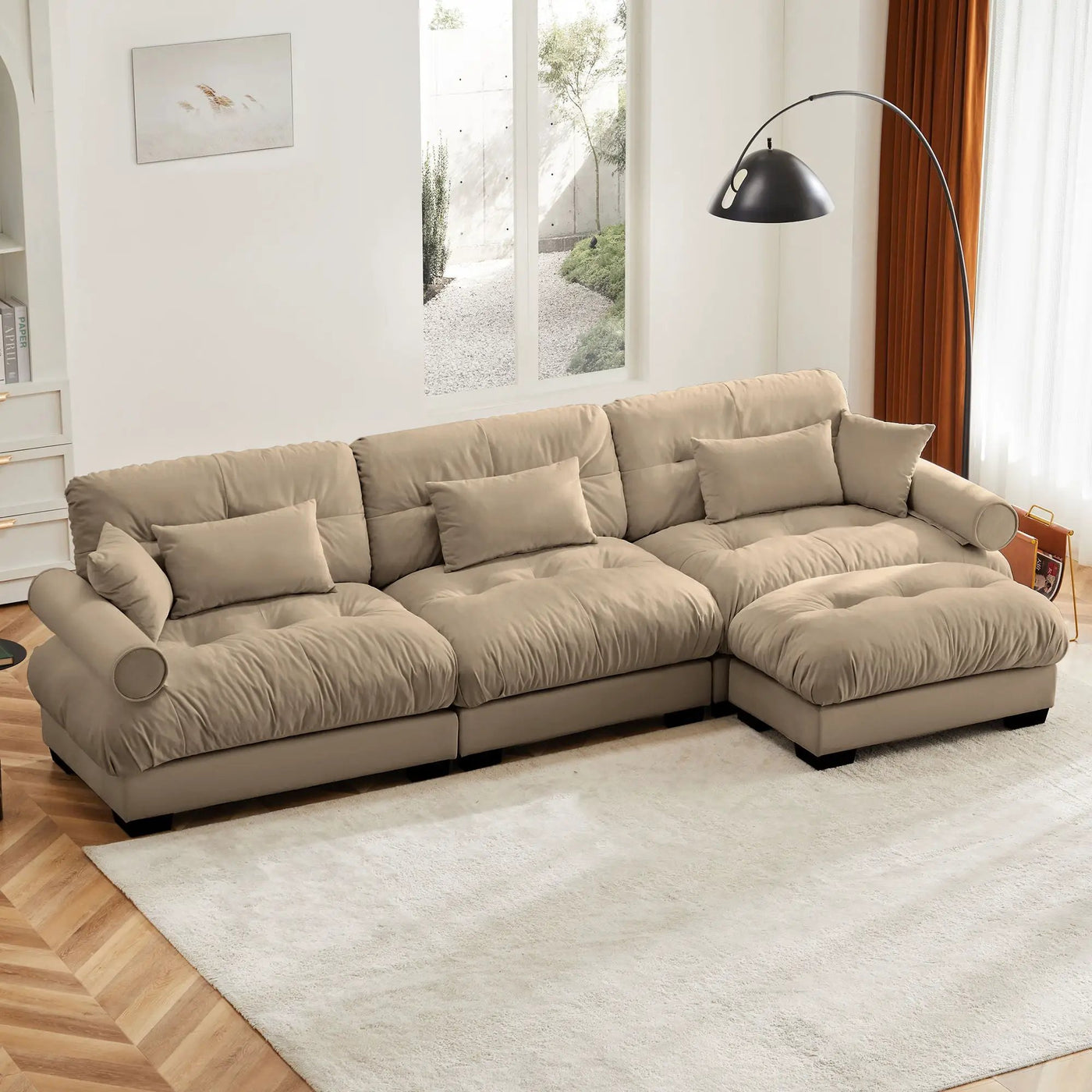 Modern Sectional Sofa With Ottoman, Round Bolster Armrests, Waist And Throw Pillows by HouseOfZazla