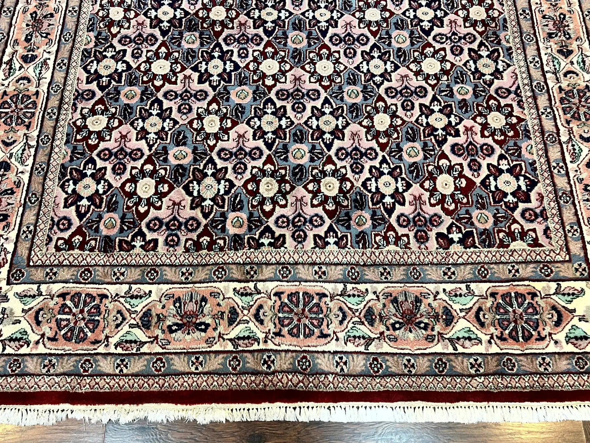 Indo Persian Rug 8x10, Repeated Allover Pattern, Navy Blue Ivory, Handmade Vintage Wool Carpet by Jewel Rugs
