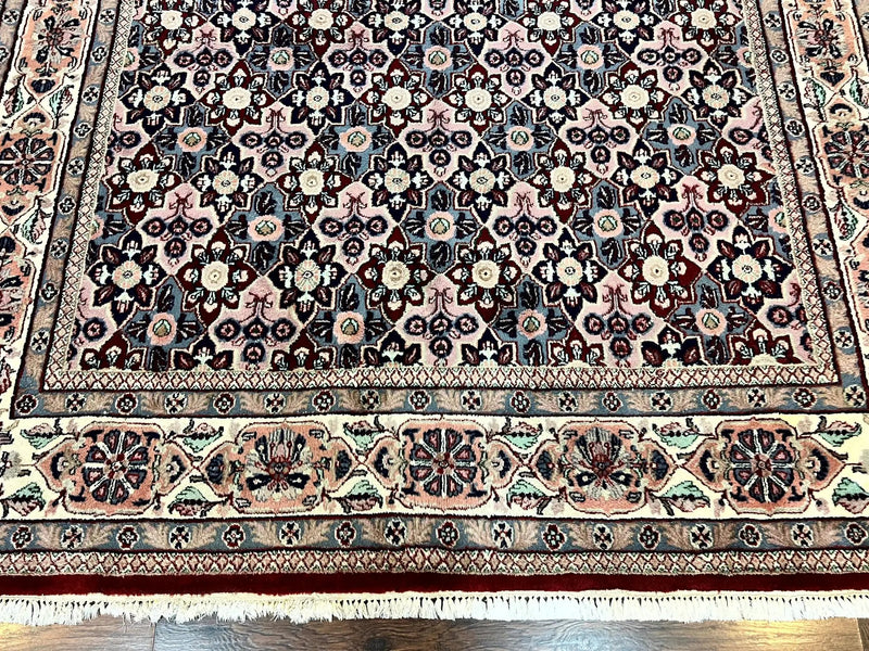 Indo Persian Rug 8x10, Repeated Allover Pattern, Navy Blue Ivory, Handmade Vintage Wool Carpet by Jewel Rugs