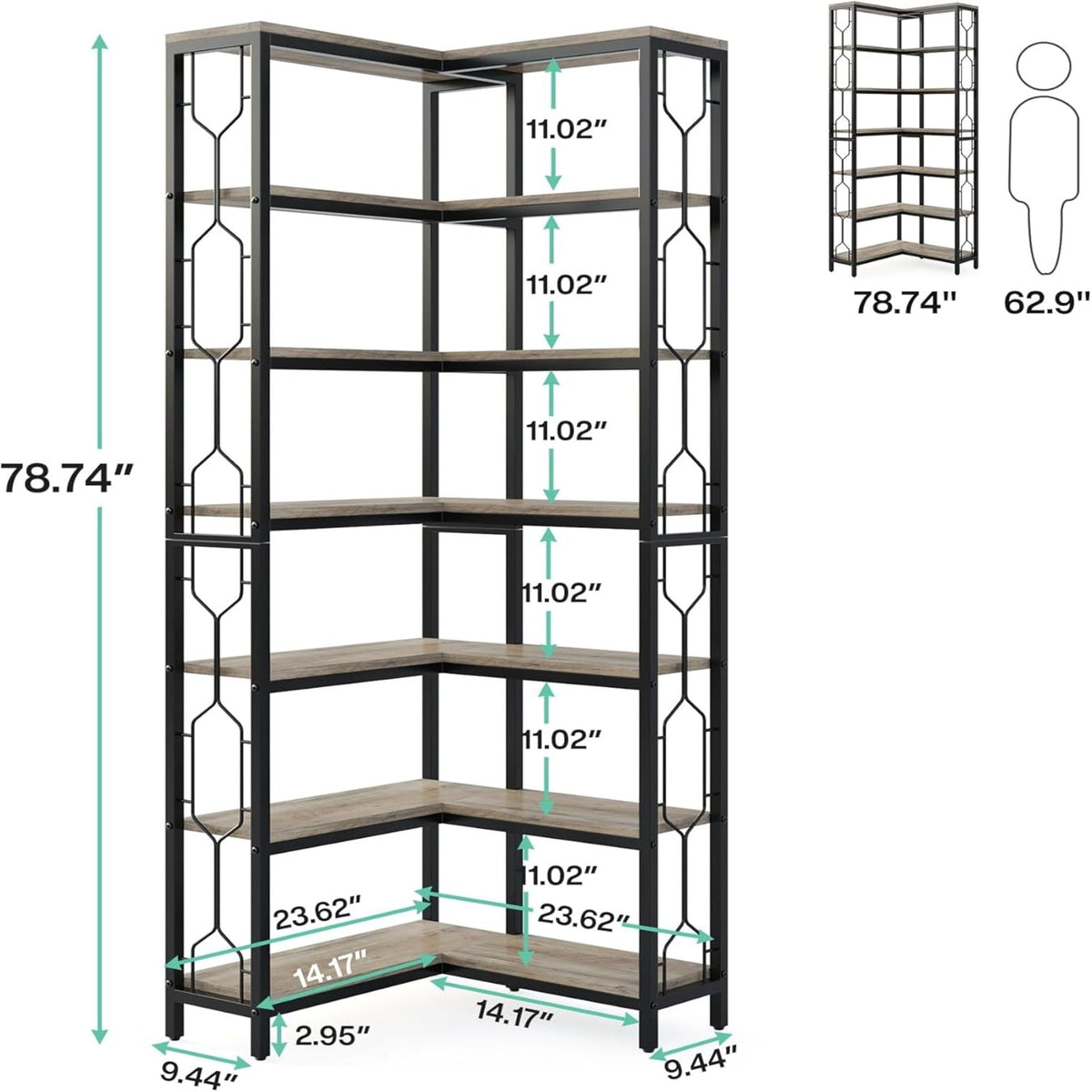 7 Tier Corner Bookshelf with Hexagonal Design - Dark Brown, White, Dark Gray, photo 10 of 12