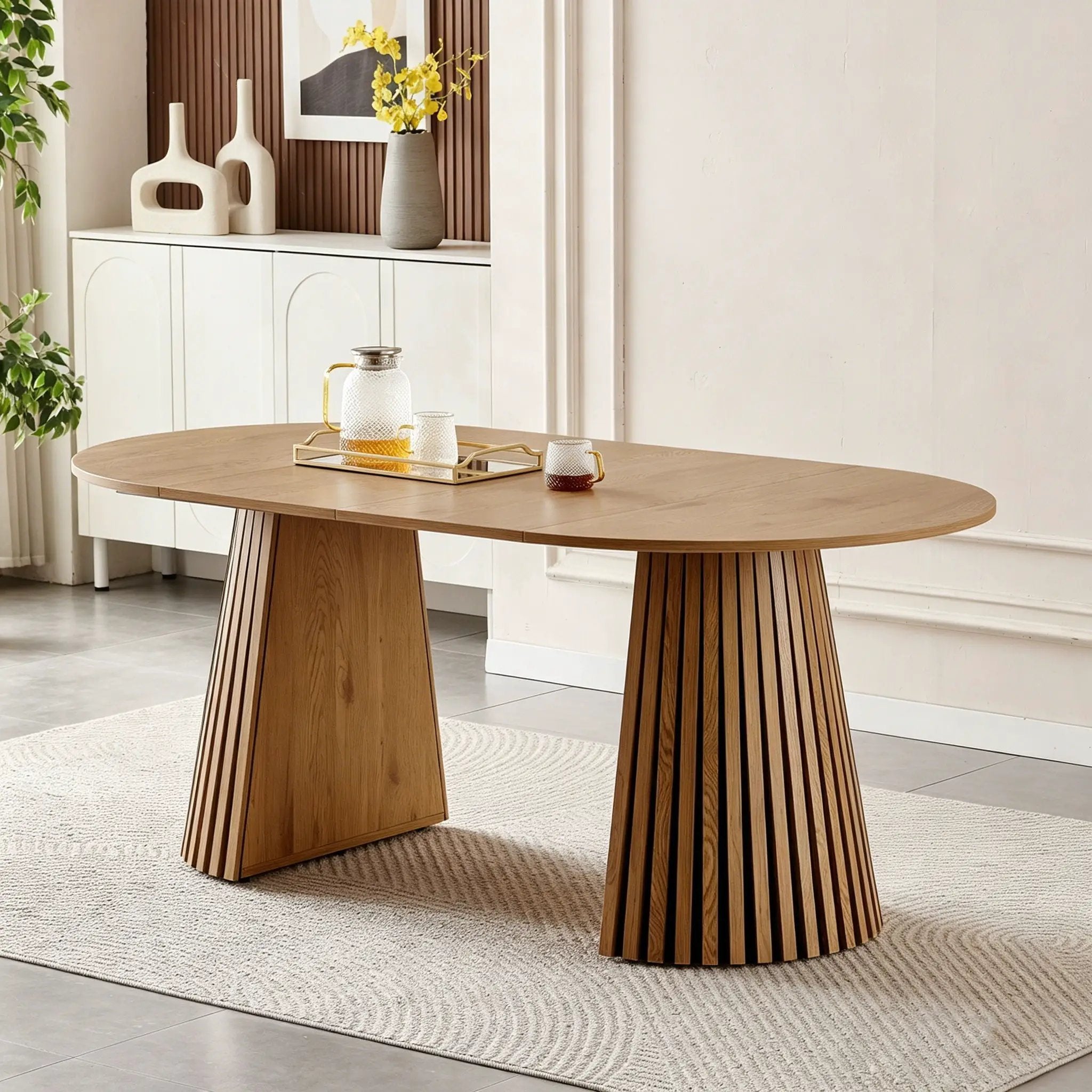 Dining Table, Flexible Extendable Oval Design With Slatted Legs - Natural Wood by HouseOfZazla