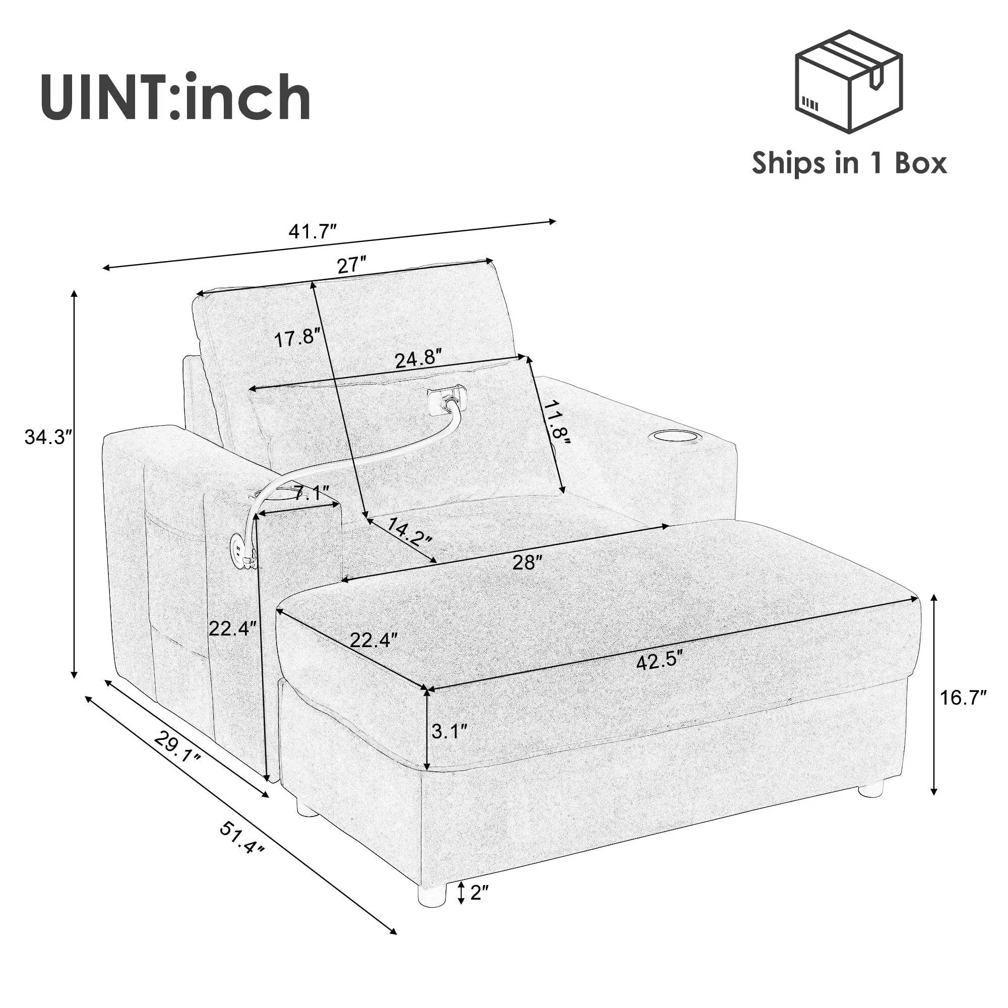 Modern Style Armchair Chaise Lounge Sofa Couch With Movable Storage Ottoman, USB Ports, Cup Holders, Phone Holder, Side Pockets by Unique Piece Furniture