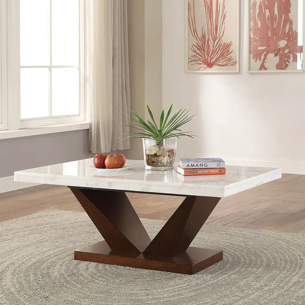 Forbes - Coffee Table - White Natural Marble Top & Walnut by Unique Piece Furniture