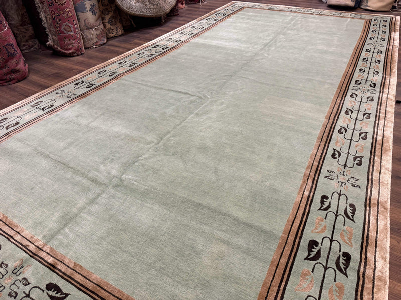Palace Size Nepali Rug 9x18, Open Field, Light Mint Green, Wool Hand Knotted, Modern Contemporary by Jewel Rugs