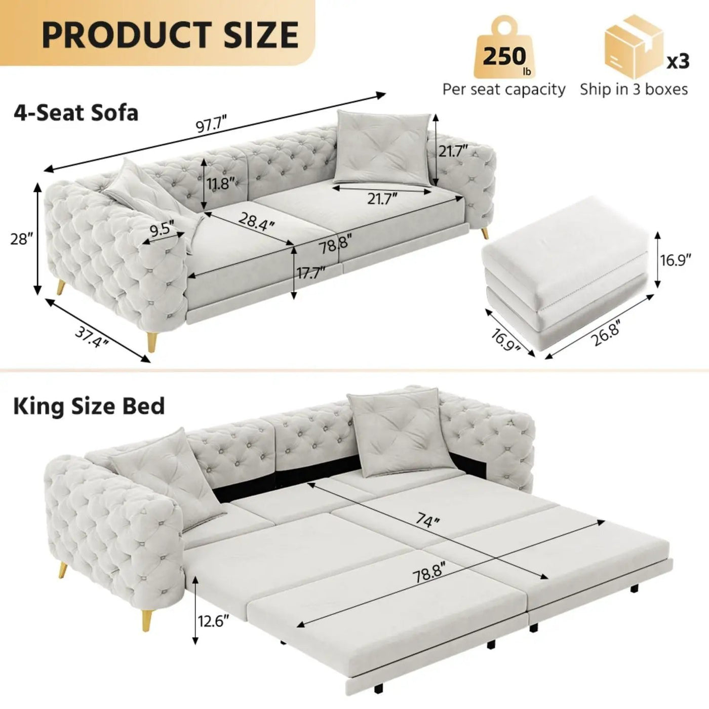 3 In 1 Convertible Sleeper, Deep Seat Pull Out Sofa Bed, Button Tufted by HouseOfZazla