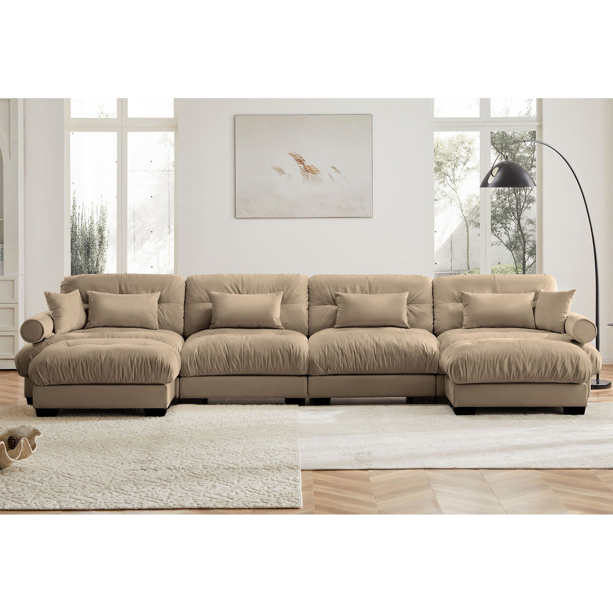 Modern Sectional Sofa With Ottoman, Round Bolster Armrests, Waist And Throw Pillows, photo 29 of 35