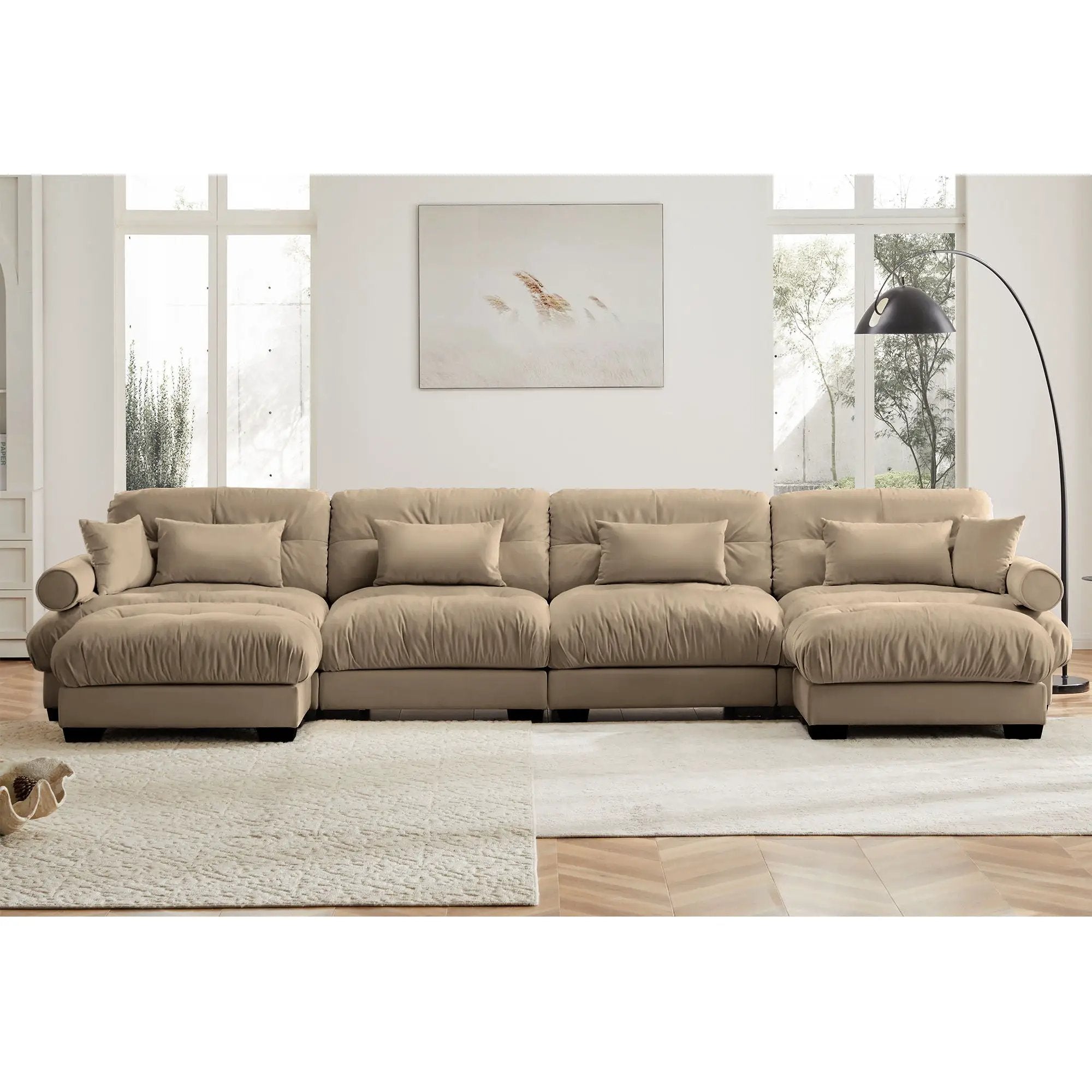 Modern Sectional Sofa With Ottoman, Round Bolster Armrests, Waist And Throw Pillows by HouseOfZazla