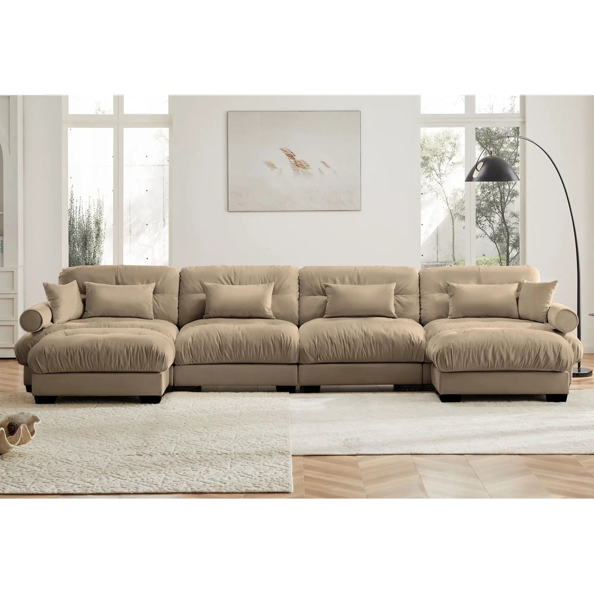 Modern Sectional Sofa With Ottoman, Round Bolster Armrests, Waist And Throw Pillows by Unique Piece Furniture