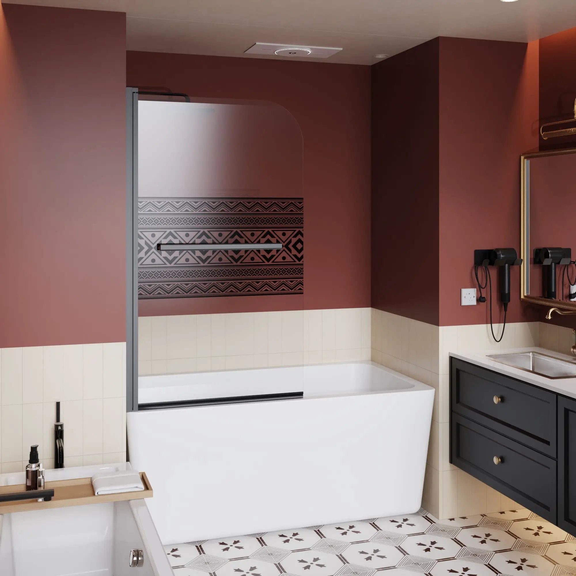 Bohemian Shower Door Bathtub With Tempered Glass And Handle - Matt Black by HouseOfZazla