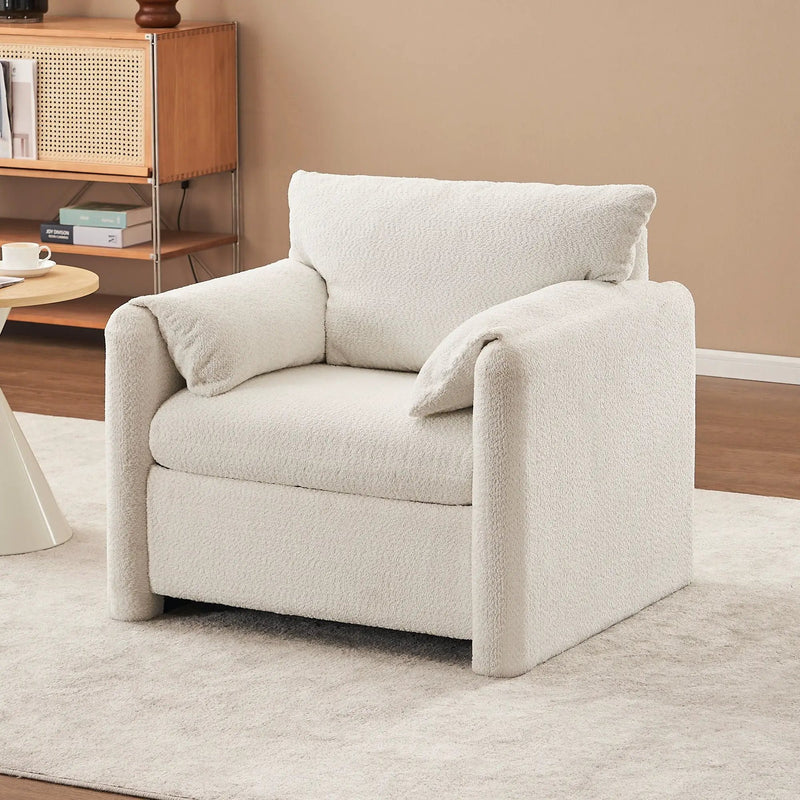 Fixed Modern Accent Chair Single Seater Plush Chenille Lounge Chair With High Resilience Cushion - Ivory White by HouseOfZazla