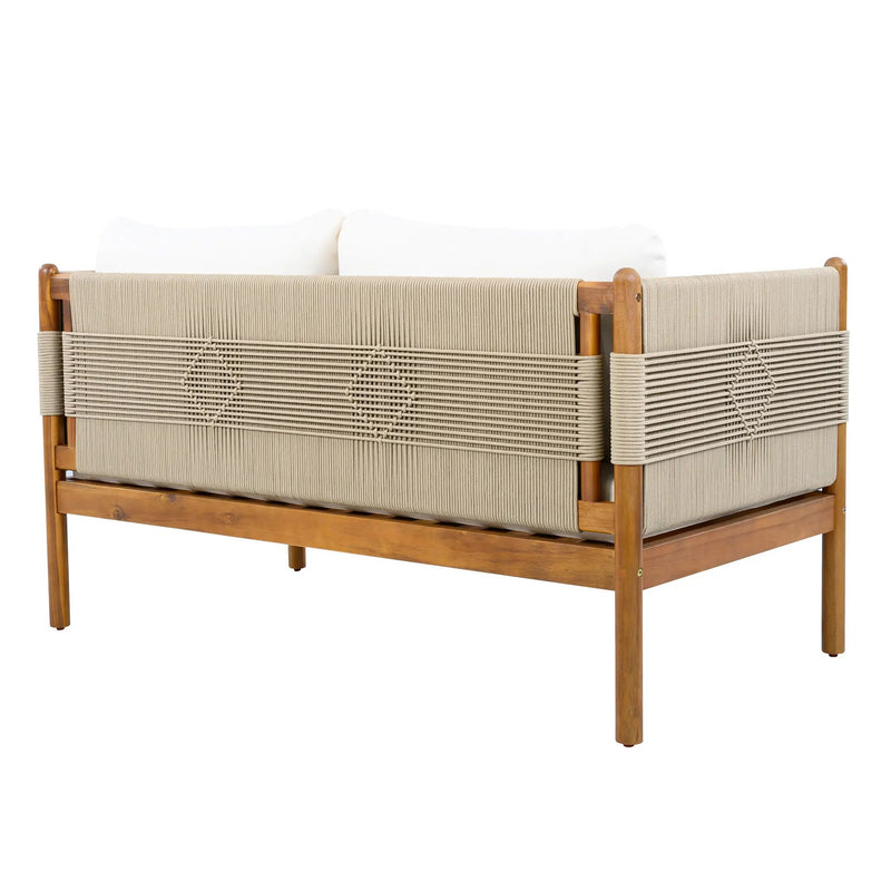 Outdoor Acacia Wood Loveseat with Diamond Rope Weave & Cushions, Teak Finish by HouseOfZazla