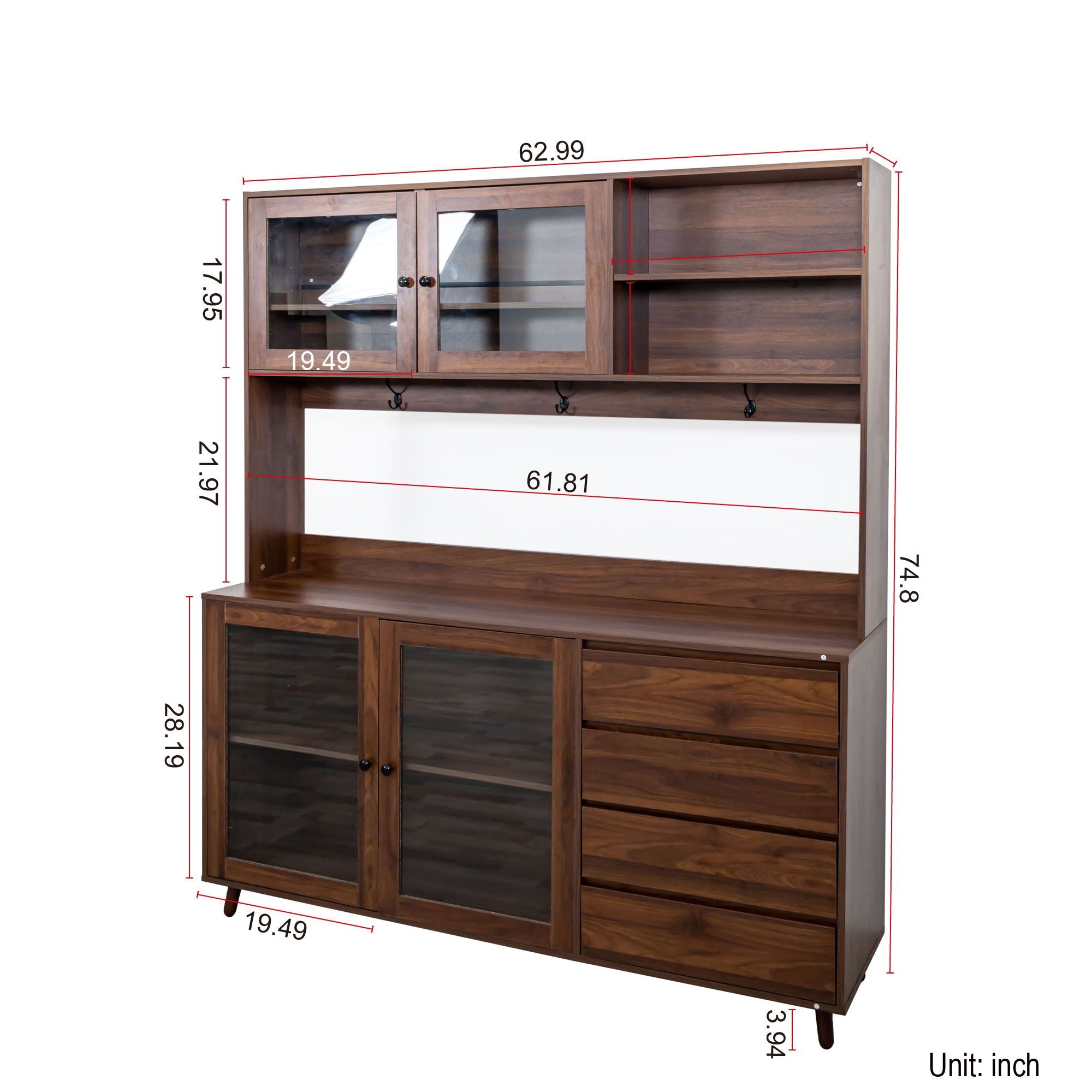 Large Kitchen Hutch Cabinet, Storage Kitchen Cupboard With 4 Doors, 4 Drawers & Microwave Shelf - Walnut by HouseOfZazla