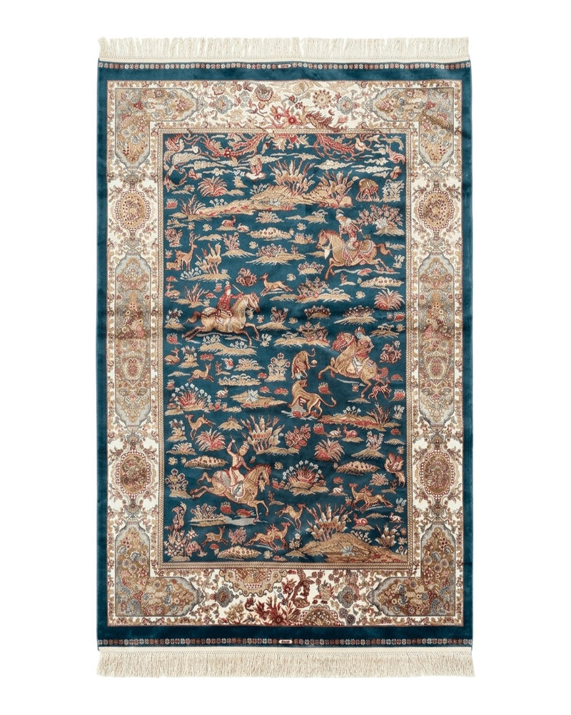 Turkish Silk Hunting Design Rug 4x6, Dark Steel Blue & Ivory, Bamboo Silk, New by Jewel Rugs