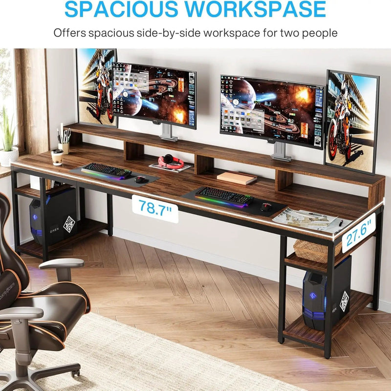 2 Person Desk With Monitor Stand, Long Office Workstation With Dual Storage Shelves And Frame - Brown / Black by HouseOfZazla