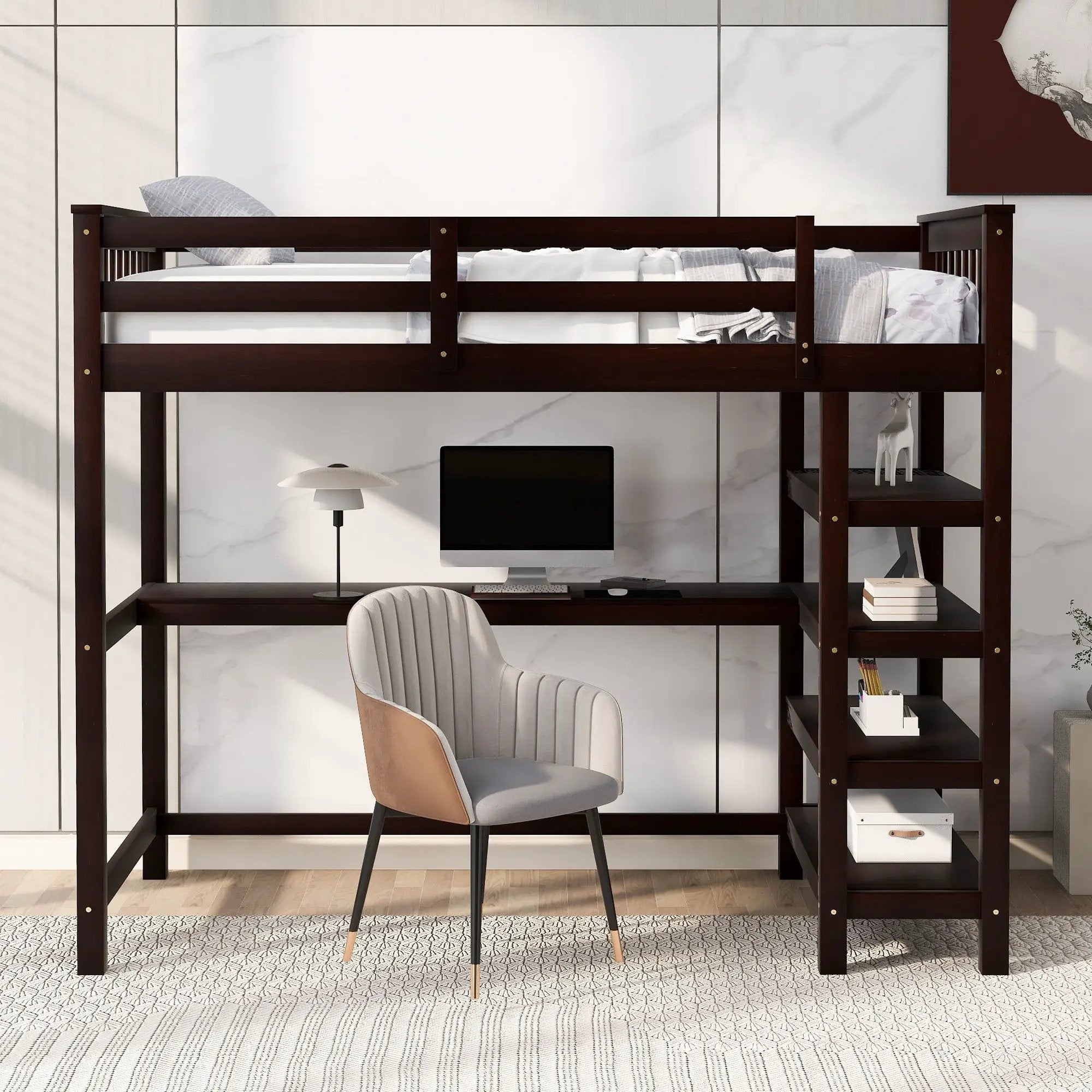 Loft Bed With Storage Shelves And Under Bed Desk by Unique Piece Furniture