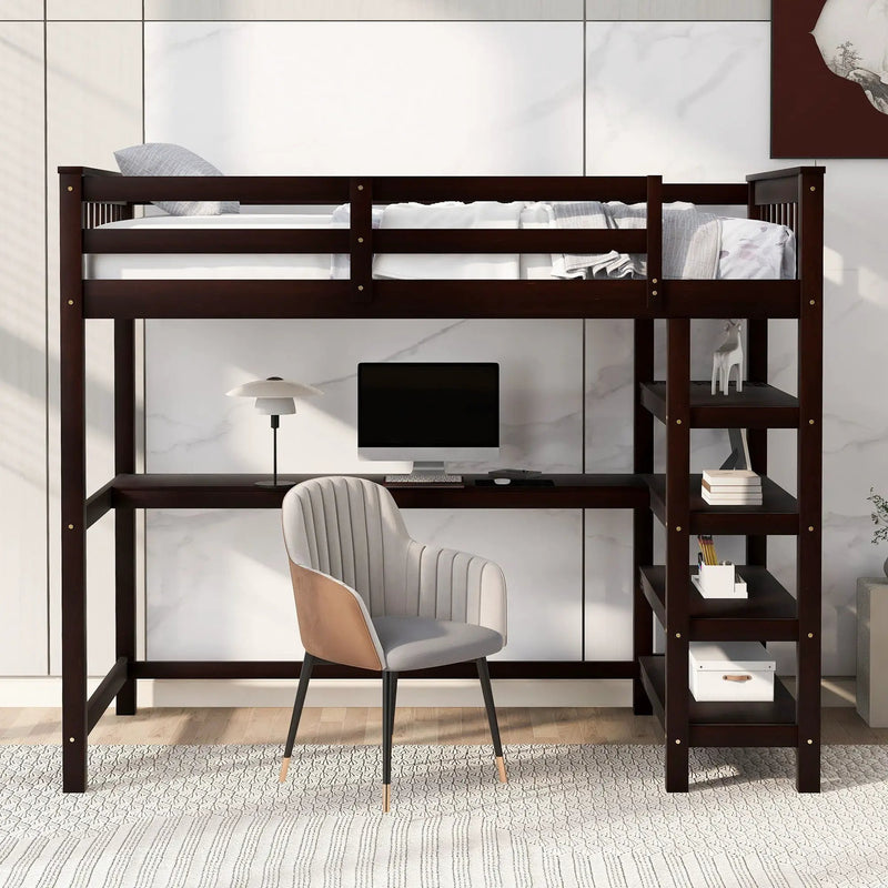 Loft Bed With Storage Shelves And Under Bed Desk