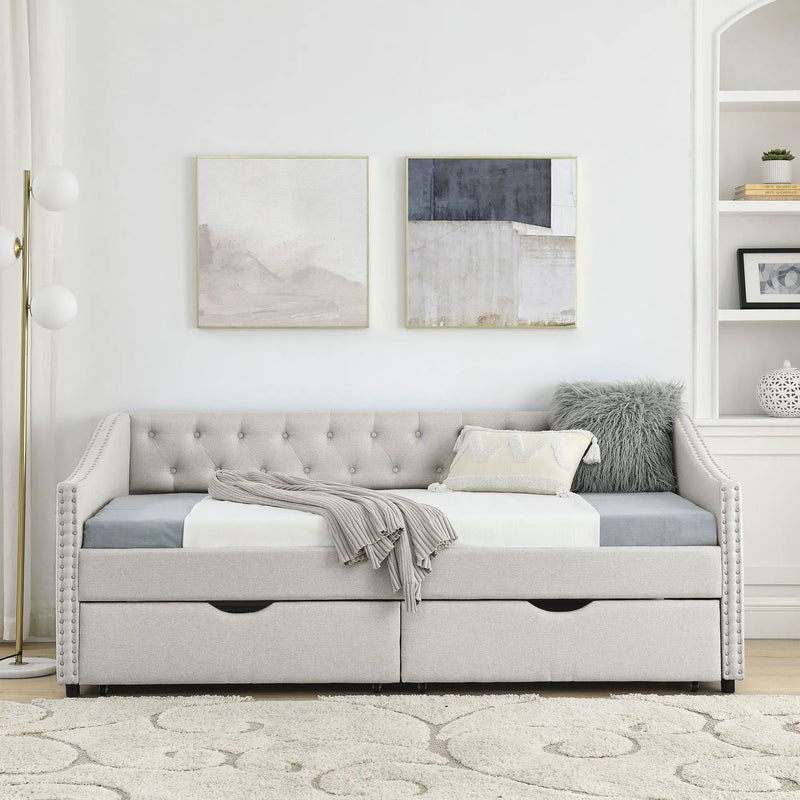 Upholstered Tufted Daybed With 2 Drawers, Waved Arms by Unique Piece Furniture