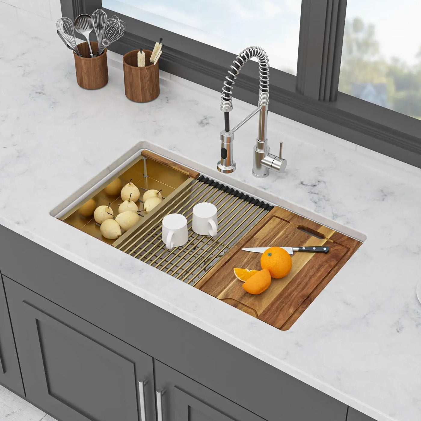 Quartz Composite Kitchen Sink With Undermount Design, Durable Single Bowl Workstation by HouseOfZazla