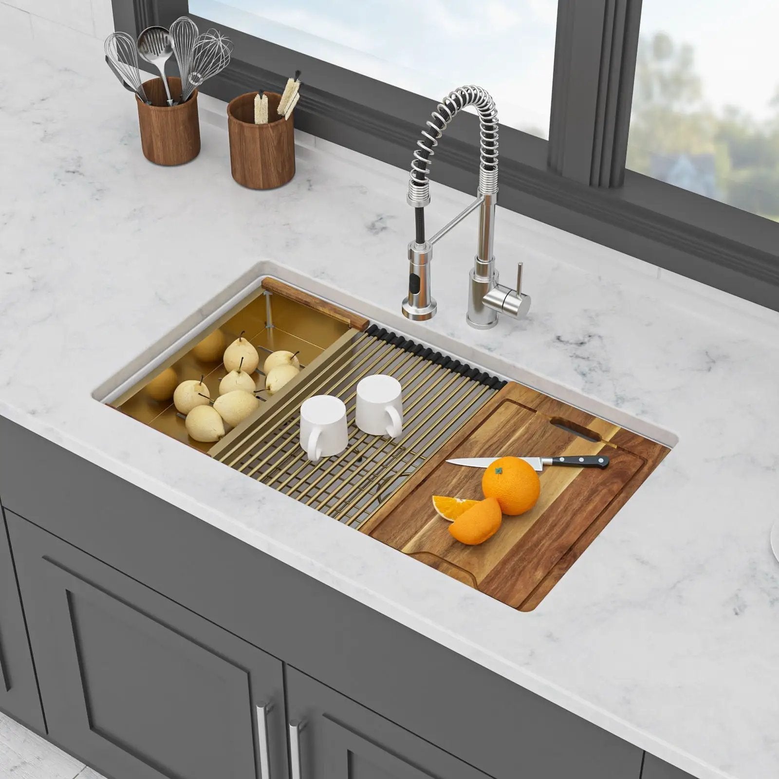 Quartz Composite Kitchen Sink With Undermount Design, Durable Single Bowl Workstation by HouseOfZazla