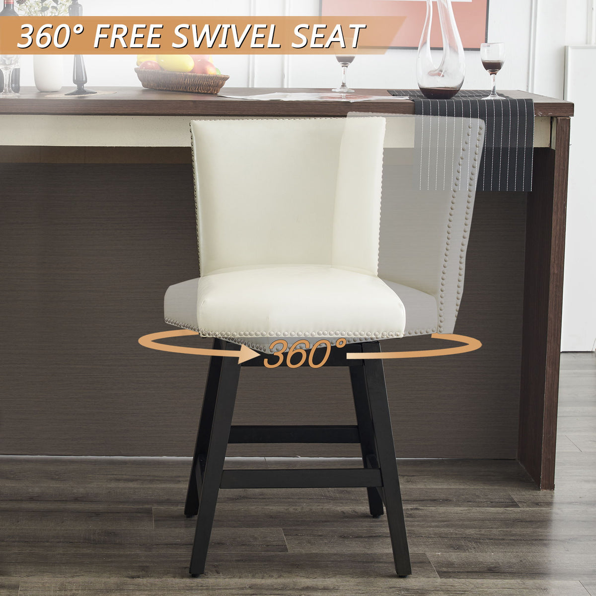 Upholstered Swivel Bar Stools High Back Set of 2 with 360° Swivel - Cream White, photo 7 of 7