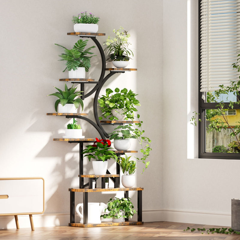 S - Shaped, 10 Tier Plant Stand With 5 Grow Lights - Deep Rustic Brown by HouseOfZazla