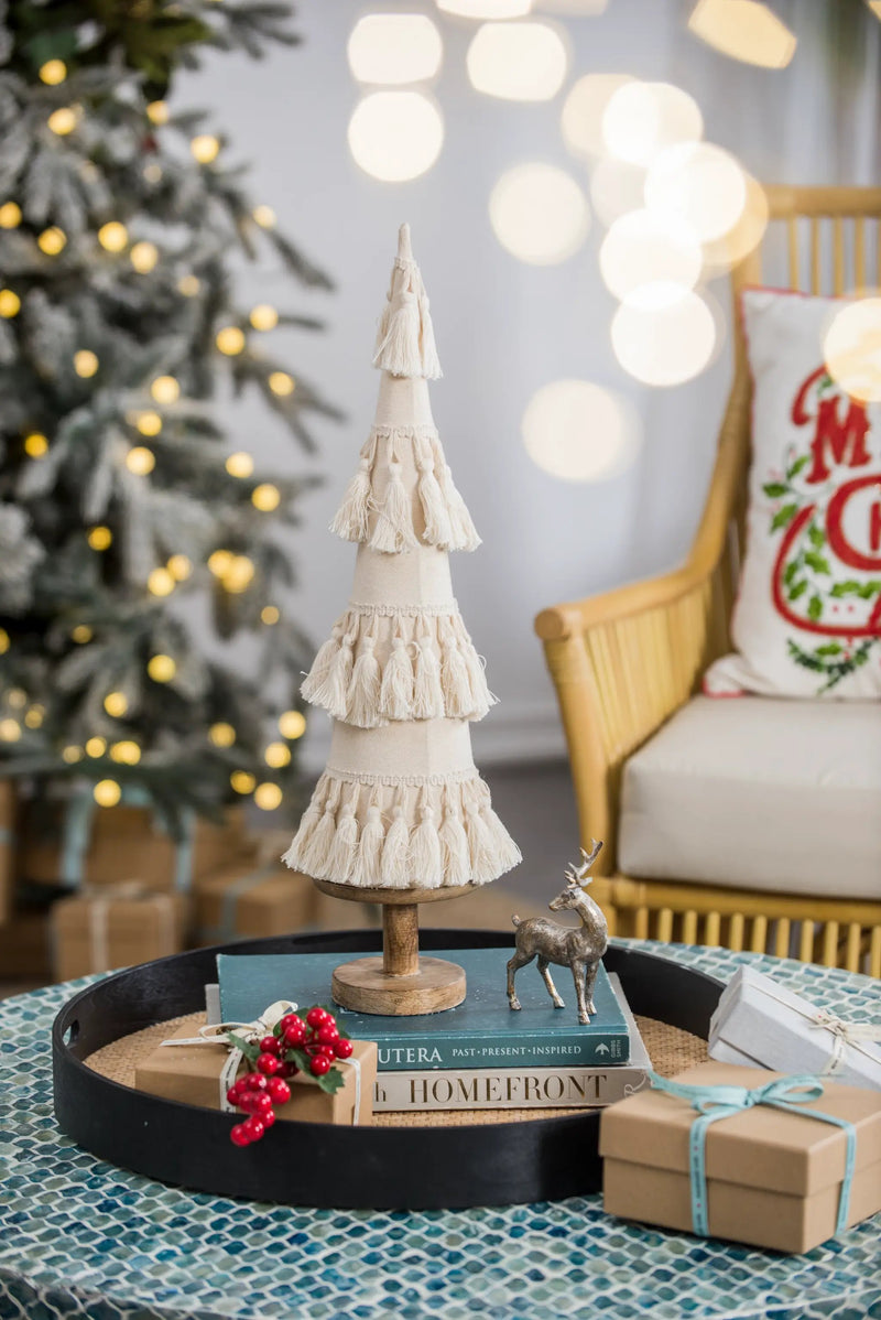 Fringes Embellished Cone With Wooden Base by HouseOfZazla