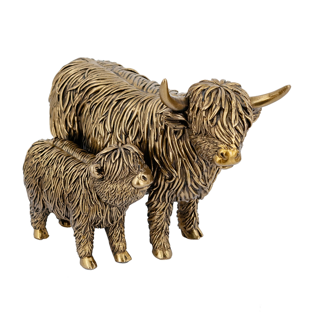 Antique Bronze Highland Cow and Calf Statue with Rustic Detail - Brown