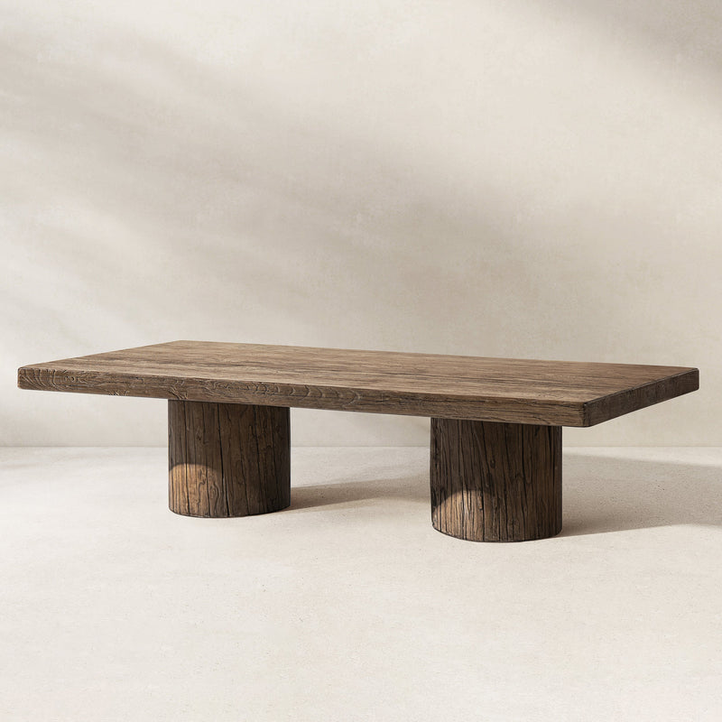 Arbor 60" Solid Reclaimed Elm Rectangular Plinth Coffee Table with Sculptural Bases - Heritage Medium-Dark, photo 2 of 10