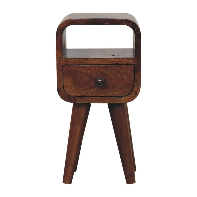 Solid Wood Extra Mini Curve Bedside, 1-Drawer, 1 Open-Slot, Chestnut by HouseOfZazla