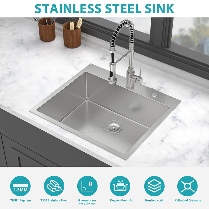 25 x 22 x 9 Inch Kitchen Sink Drop-In 16 Gauge Stainless Steel Single Bowl by HouseOfZazla
