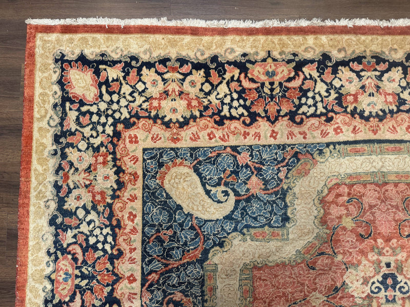 Antique Persian Sarouk Rug 9x12, Boteh Paisleys, Light Red Navy Blue by Jewel Rugs