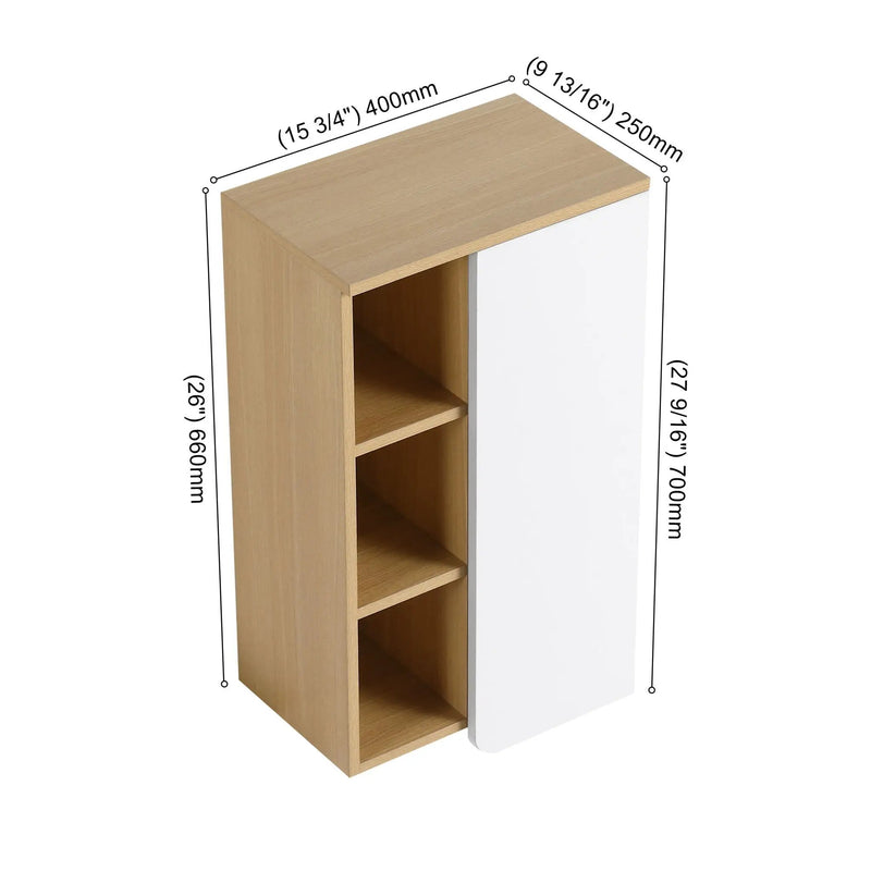 Wall Mounted Bathroom Side Cabinet, Single Door With 3 Tier Open Shelves - Black / Light Oak / White by Unique Piece Furniture