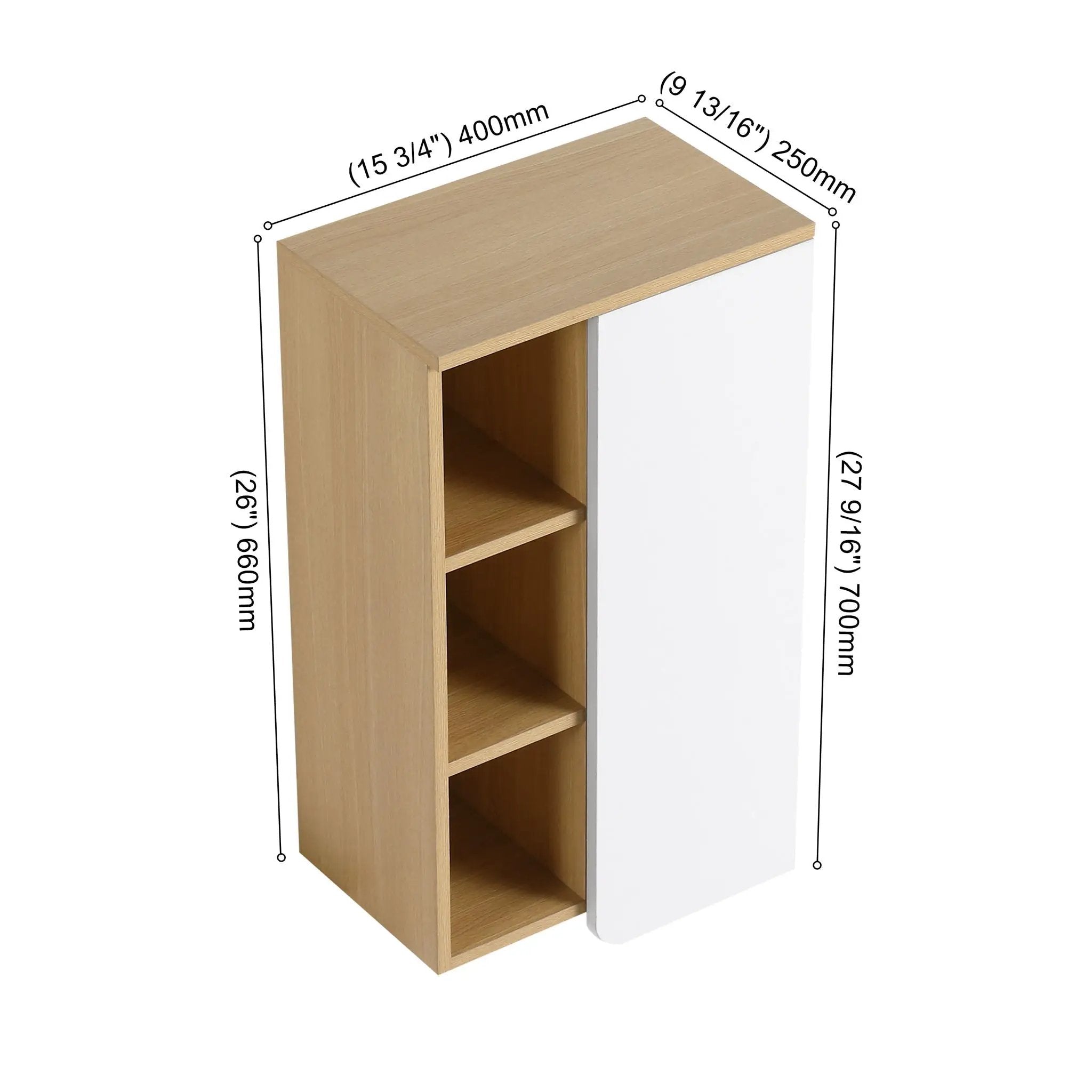 Wall Mounted Bathroom Side Cabinet, Single Door With 3 Tier Open Shelves - Black / Light Oak / White by HouseOfZazla