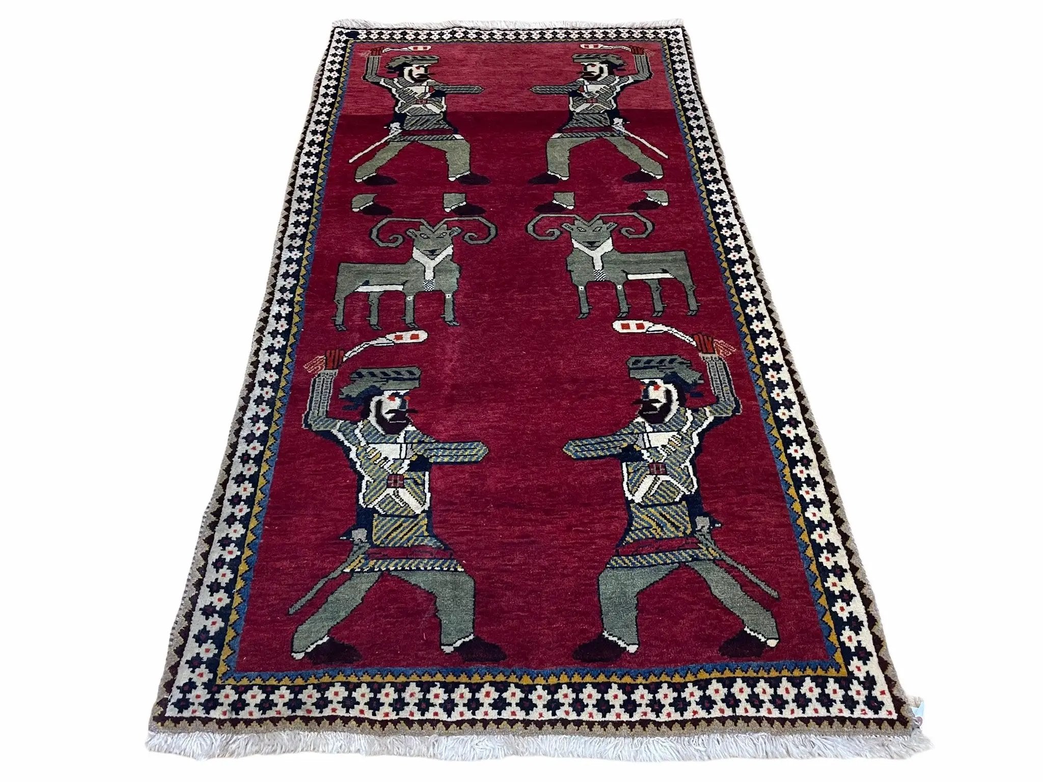 3 X 6 Handmade Wool Rug Tribal Balouch Warriors Deer Animal Pictorial Red Swords by Jewel Rugs