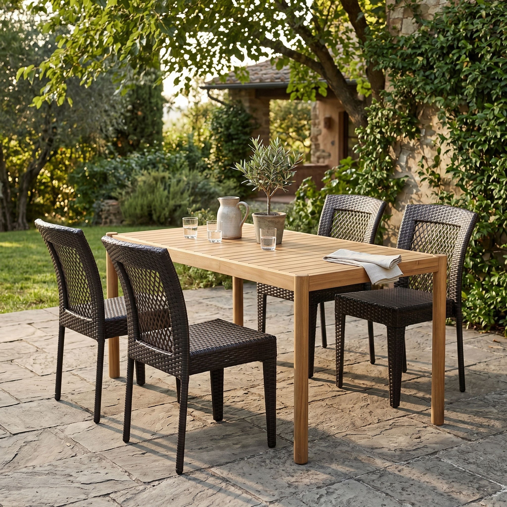 5-Piece Outdoor Dining Set, Acacia Wood Rectangular Patio Table & 4 PE Rattan Iron Frame Dining Chairs by HouseOfZazla