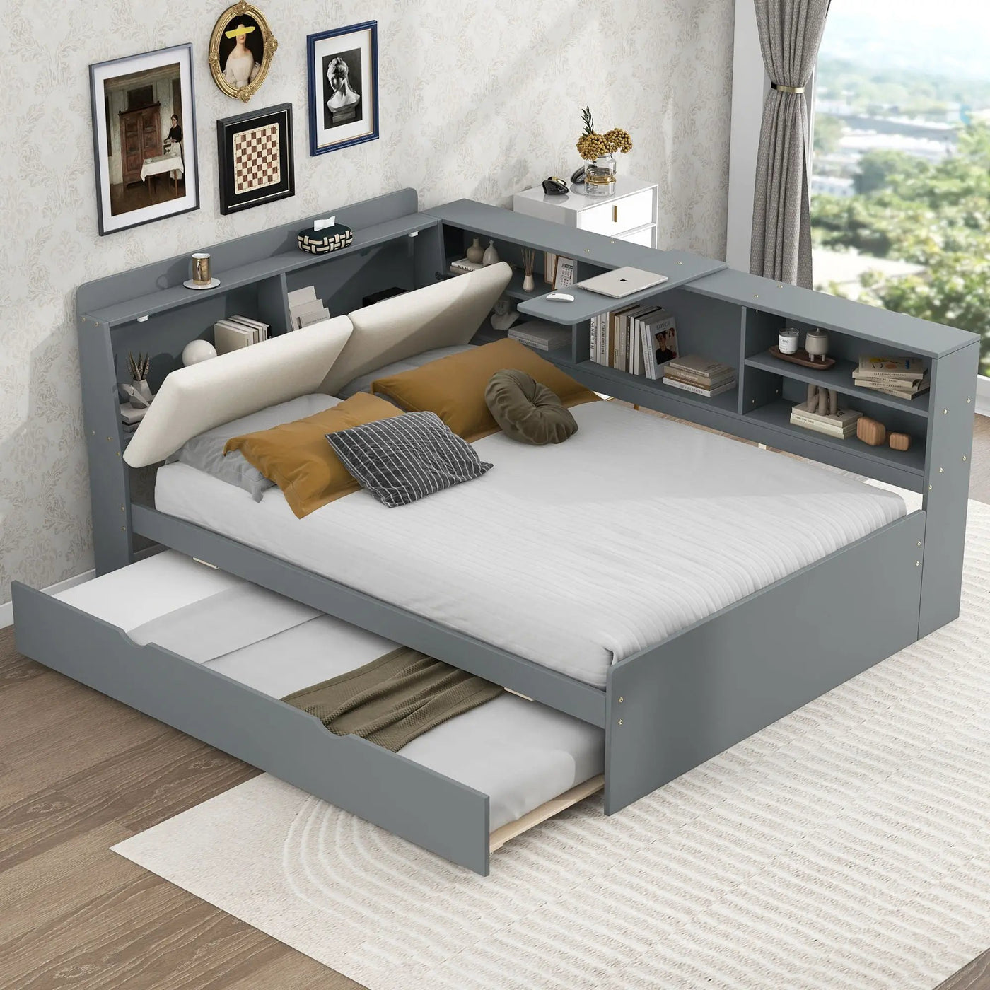 Platform Bed With Trundle, Shelves, And Storage Headboard by HouseOfZazla