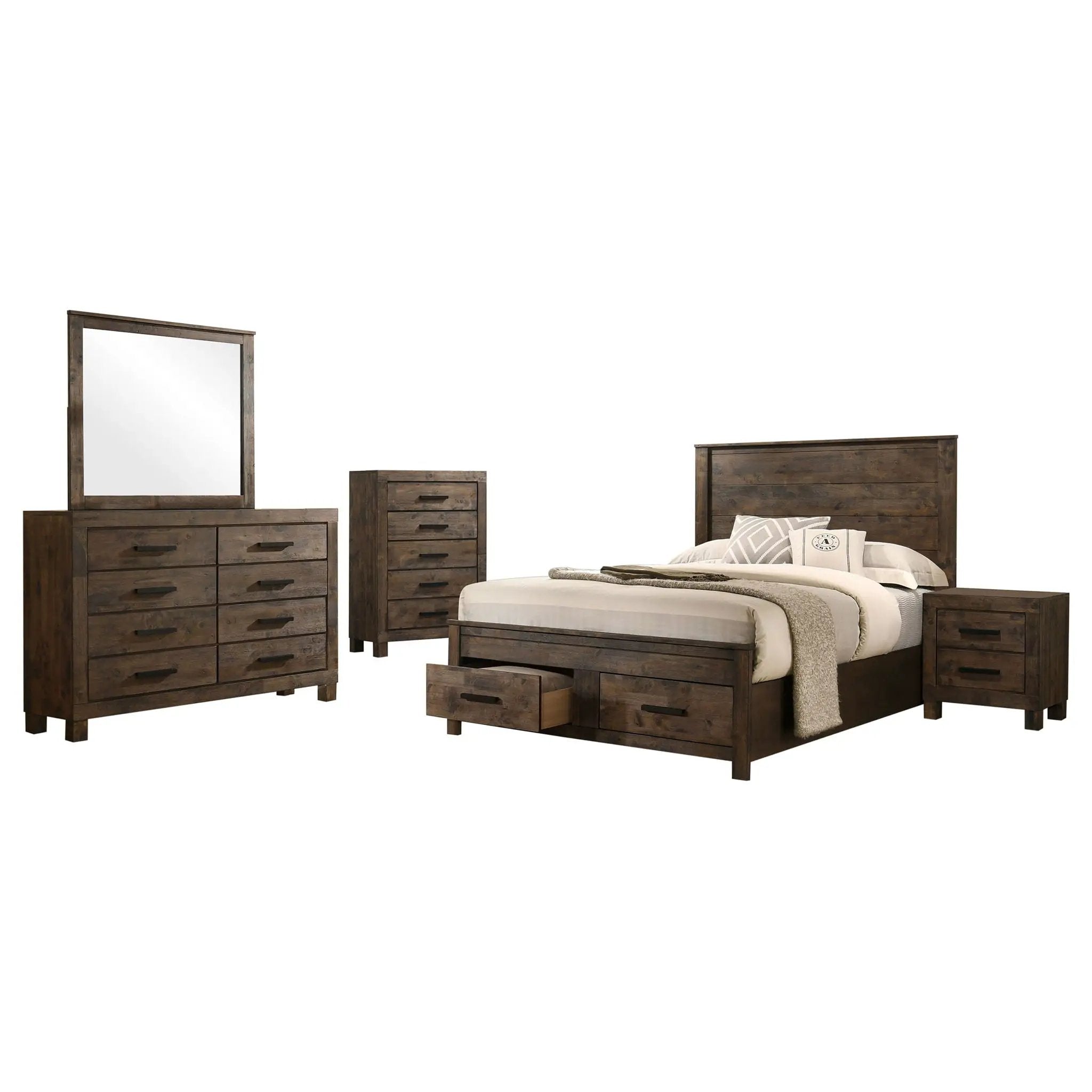 Greely - 5 Piece King Storage Bedroom Set Includes Bed, Nightstand, Dresser, Mirror & Chest - Rustic Brown by HouseOfZazla