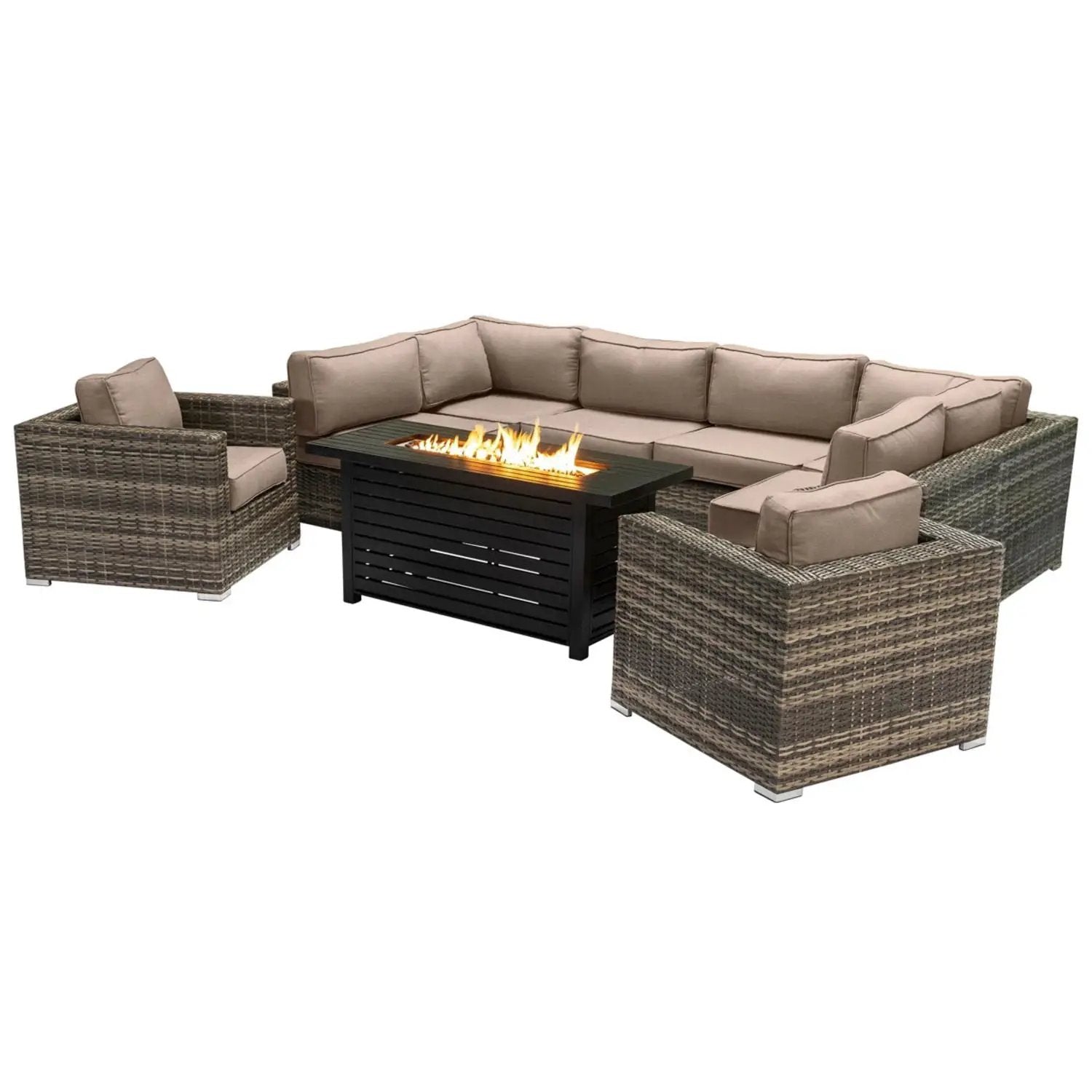 9 Piece Outdoor Sectional Set With Fire Pit Table And Cushions - Beige by HouseOfZazla