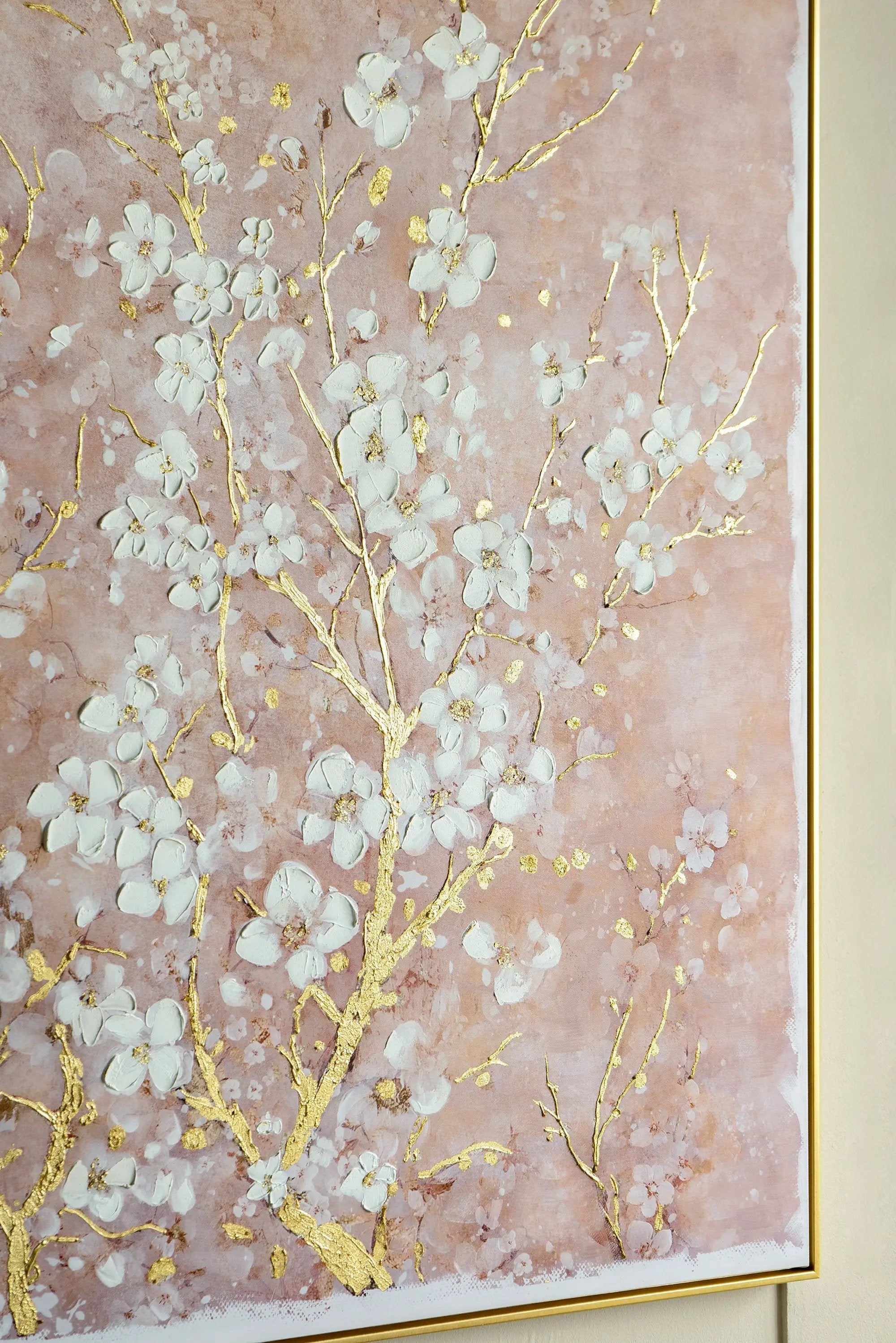 59.1x47.2 Hand-Painted Cherry Blossom Canvas Art with Blush Pink and White Finish by HouseOfZazla