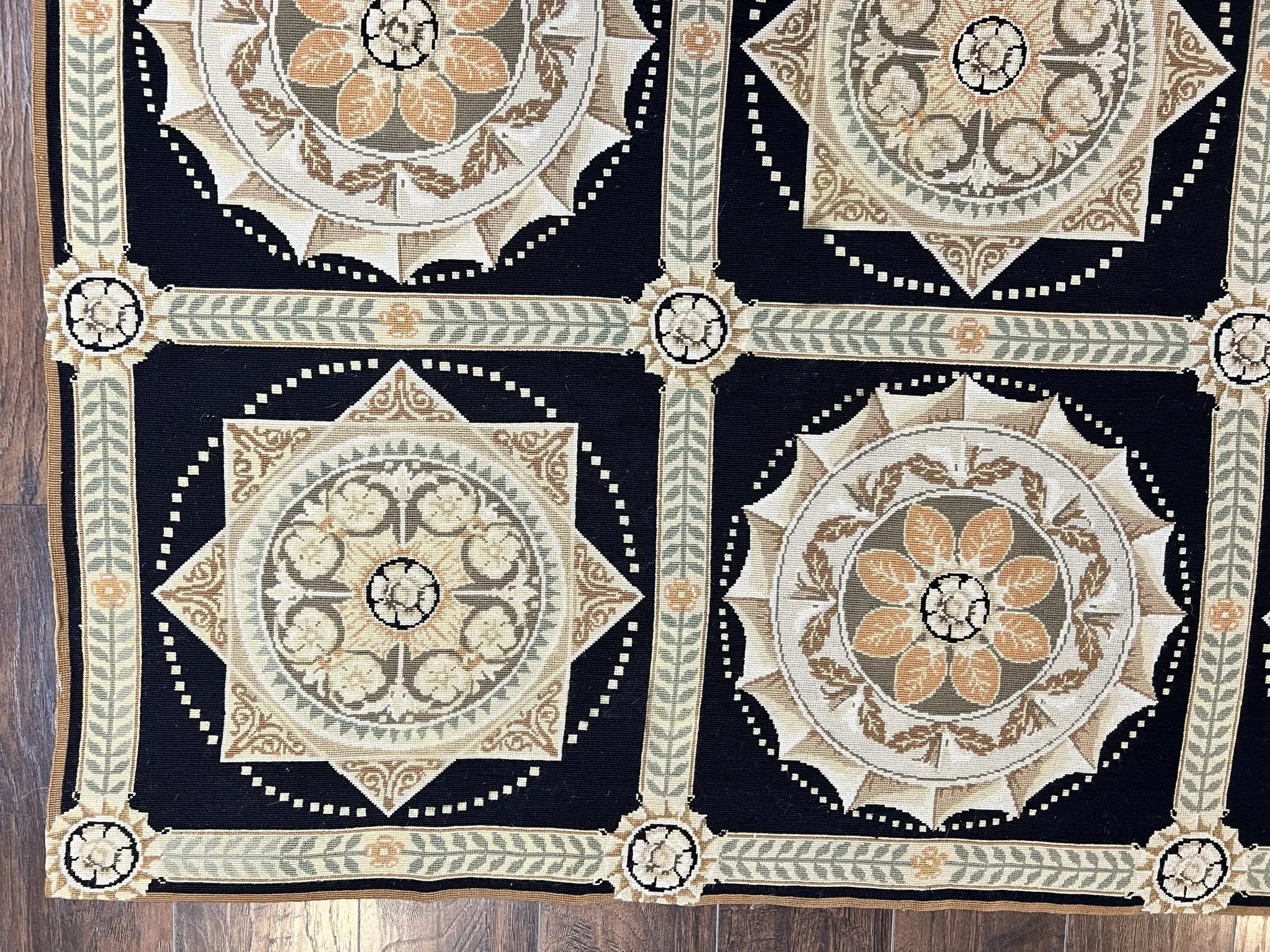 Needlepoint Rug 8x10, Black Tan Beige, Panel Design, Wool Handwoven Handmade Flatweave Needlepoint Carpet, Vintage French European Rug by Jewel Rugs